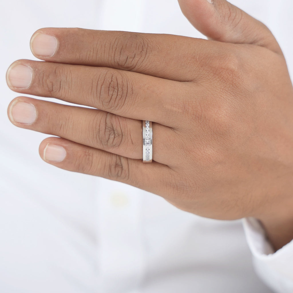 Modern Princess Accent Channel - Set Round Wedding Band in 14k Solid Gold,0.53 TCW Princess/Round Cut Lab Grown Diamonds, Promise Ring For Him - Shoora Designs