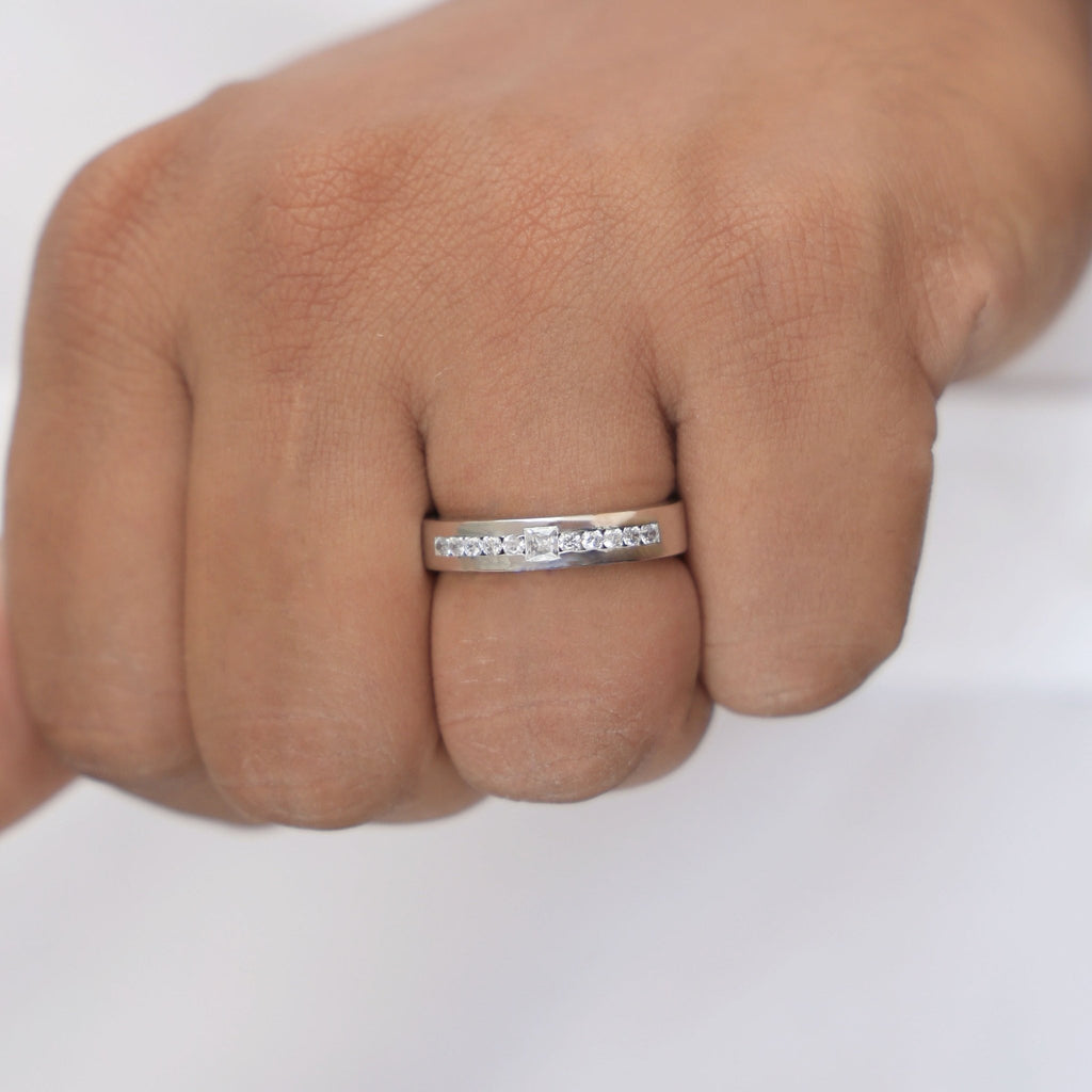 Modern Princess Accent Channel - Set Round Wedding Band in 14k Solid Gold,0.53 TCW Princess/Round Cut Lab Grown Diamonds, Promise Ring For Him - Shoora Designs