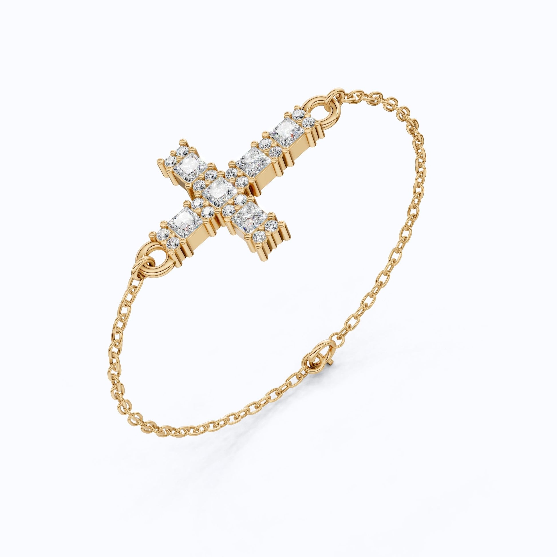 Modern princess cut cross Chain bracelet in 14K Solid Gold, 0.42 TCW Princess Cut Lab Created Diamonds, Baptism Bracelet, Gift for Her, Daily Wear Jewelry - Shoora Designs