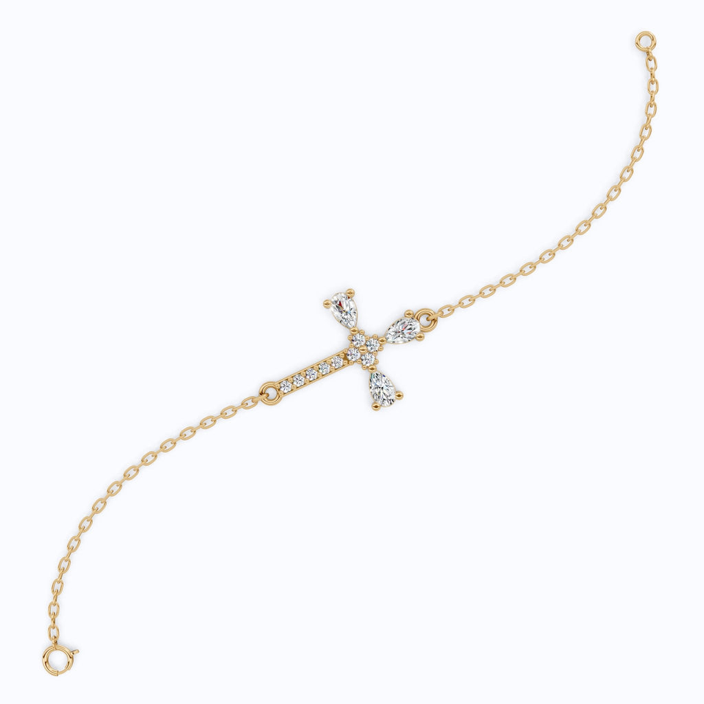 Modern Religious Cross Chain Bracelet with 14K Solid Gold, 0.75 TCW Pear Cut Lab Created Diamonds, Bridal Jewelry, Wedding Gift For Her - Shoora Designs