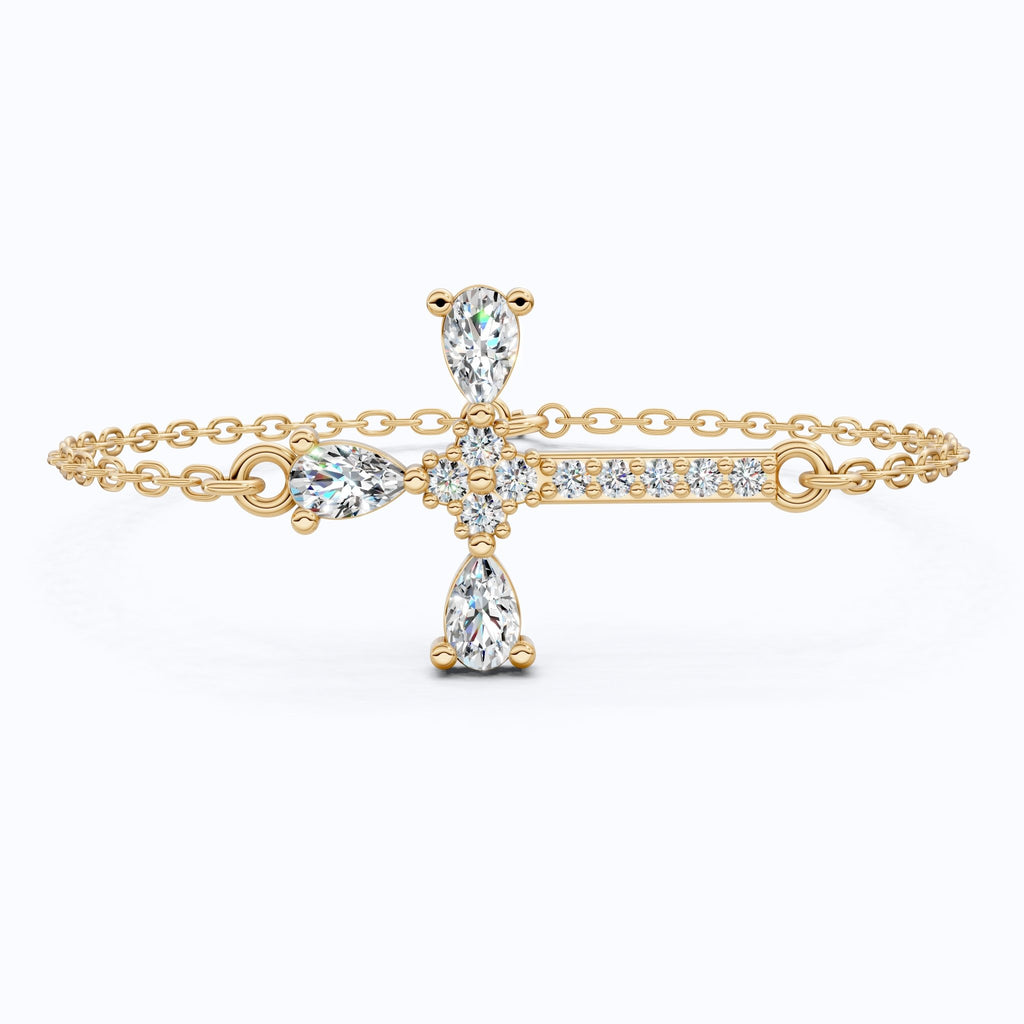 Modern Religious Cross Chain Bracelet with 14K Solid Gold, 0.75 TCW Pear Cut Lab Created Diamonds, Bridal Jewelry, Wedding Gift For Her - Shoora Designs