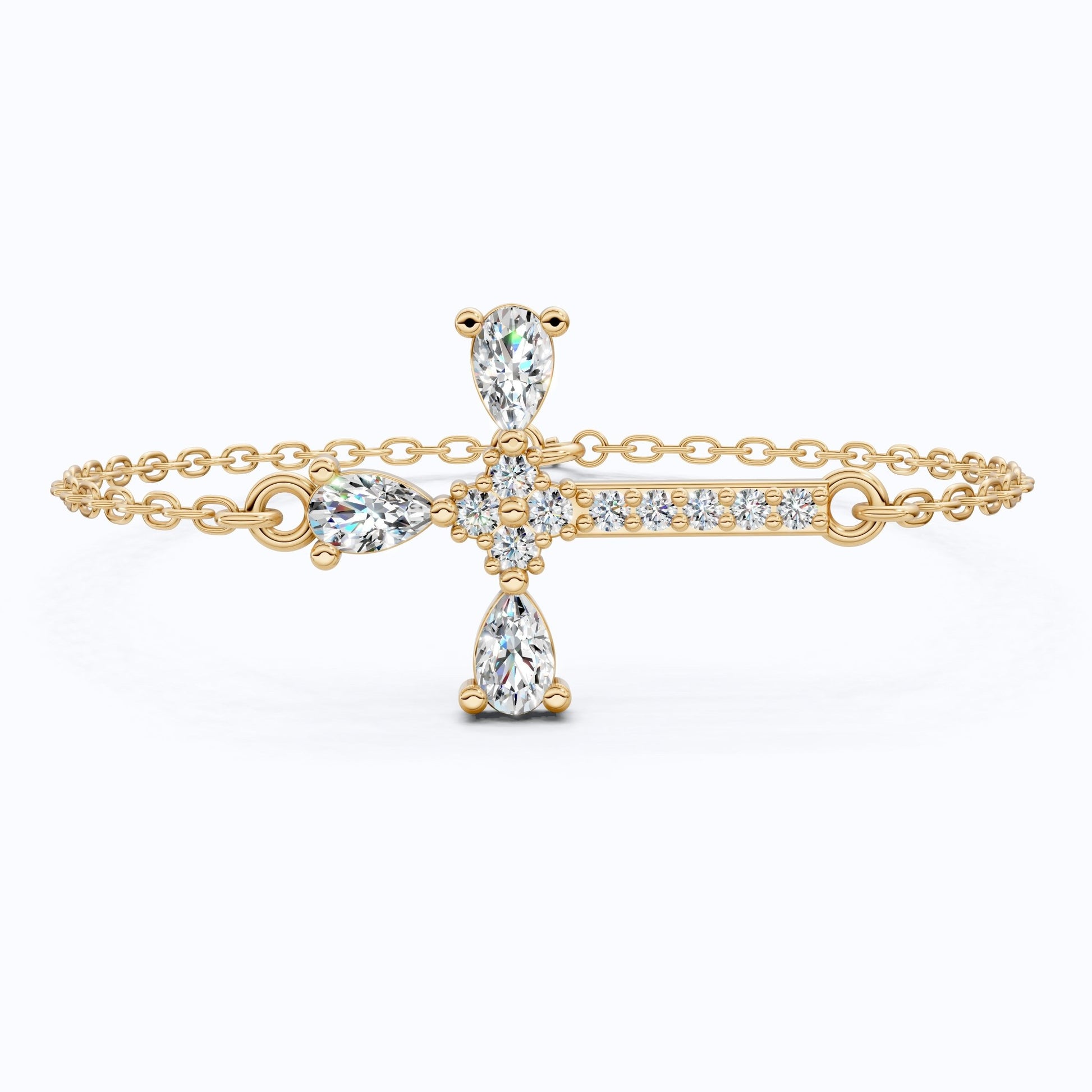Modern Religious Cross Chain Bracelet with 14K Solid Gold, 0.75 TCW Pear Cut Lab Created Diamonds, Bridal Jewelry, Wedding Gift For Her - Shoora Designs