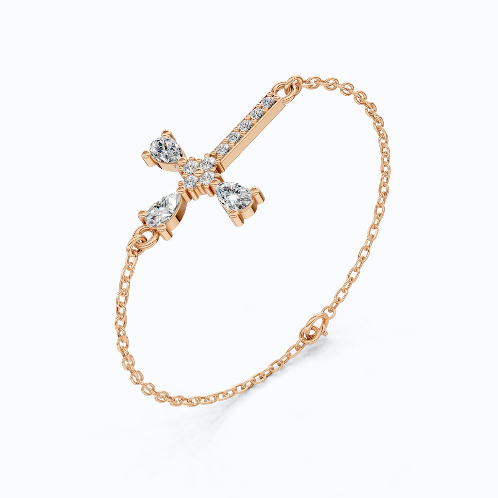 Modern Religious Cross Chain Bracelet with 14K Solid Gold, 0.75 TCW Pear Cut Lab Created Diamonds, Bridal Jewelry, Wedding Gift For Her - Shoora Designs