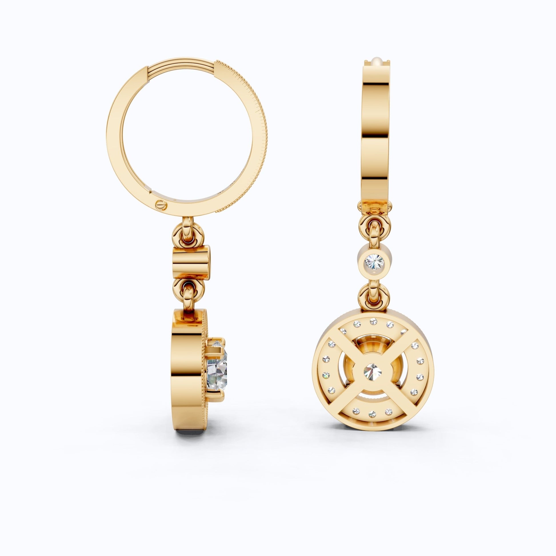 Modern Round Halo Huggie Dangle Wedding Earrings in Lab Diamond - 14k Solid Gold, Bridal Jewelry, Anniversary Gift for Wife - Shoora Designs