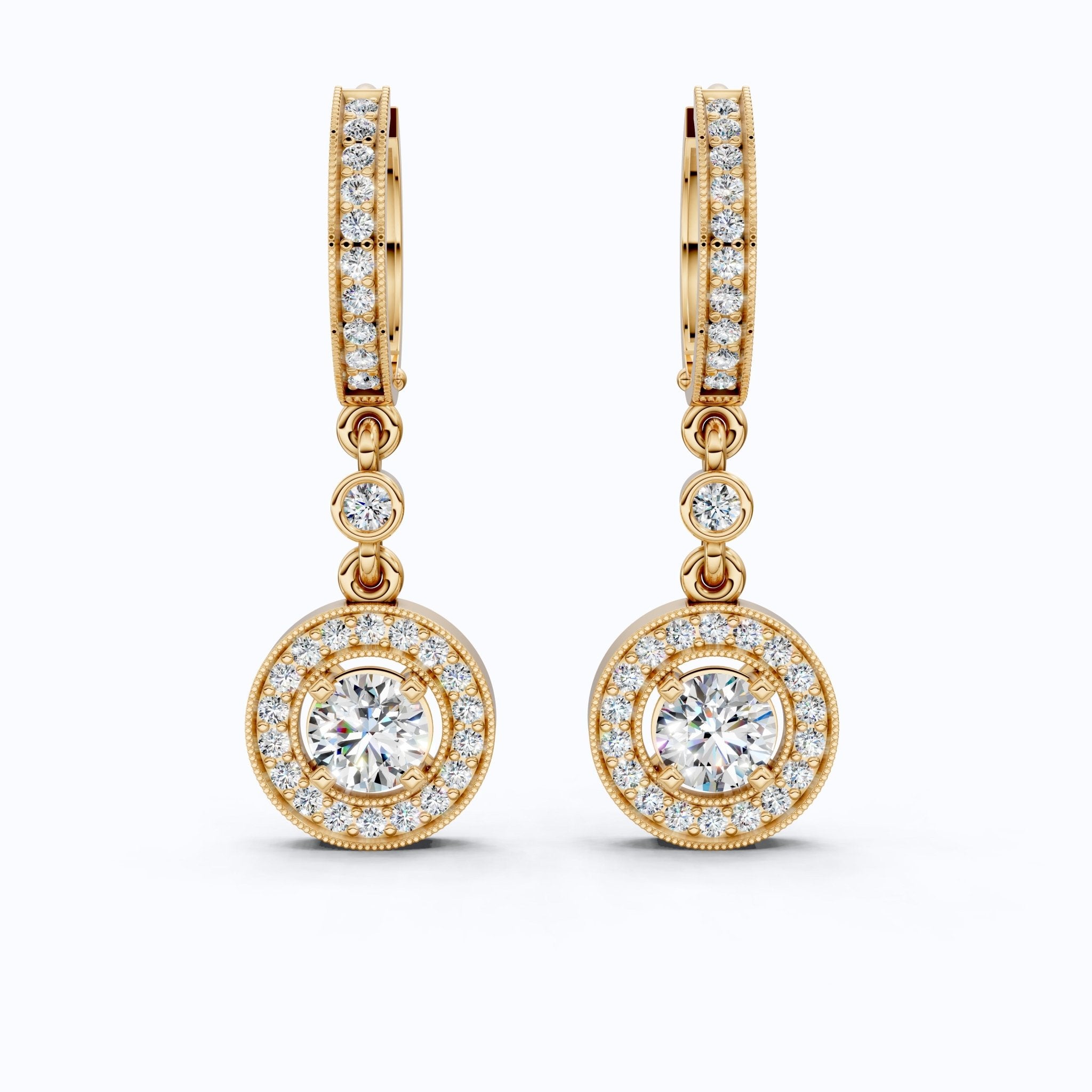 Modern Round Halo Huggie Dangle Wedding Earrings in Lab Diamond - 14k Solid Gold, Bridal Jewelry, Anniversary Gift for Wife - Shoora Designs