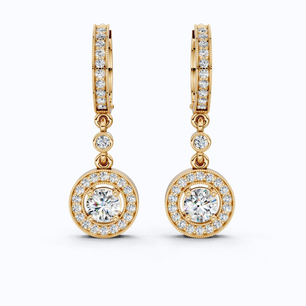 Modern Round Halo Huggie Dangle Wedding Earrings in Lab Diamond - 14k Solid Gold, Bridal Jewelry, Anniversary Gift for Wife - Shoora Designs