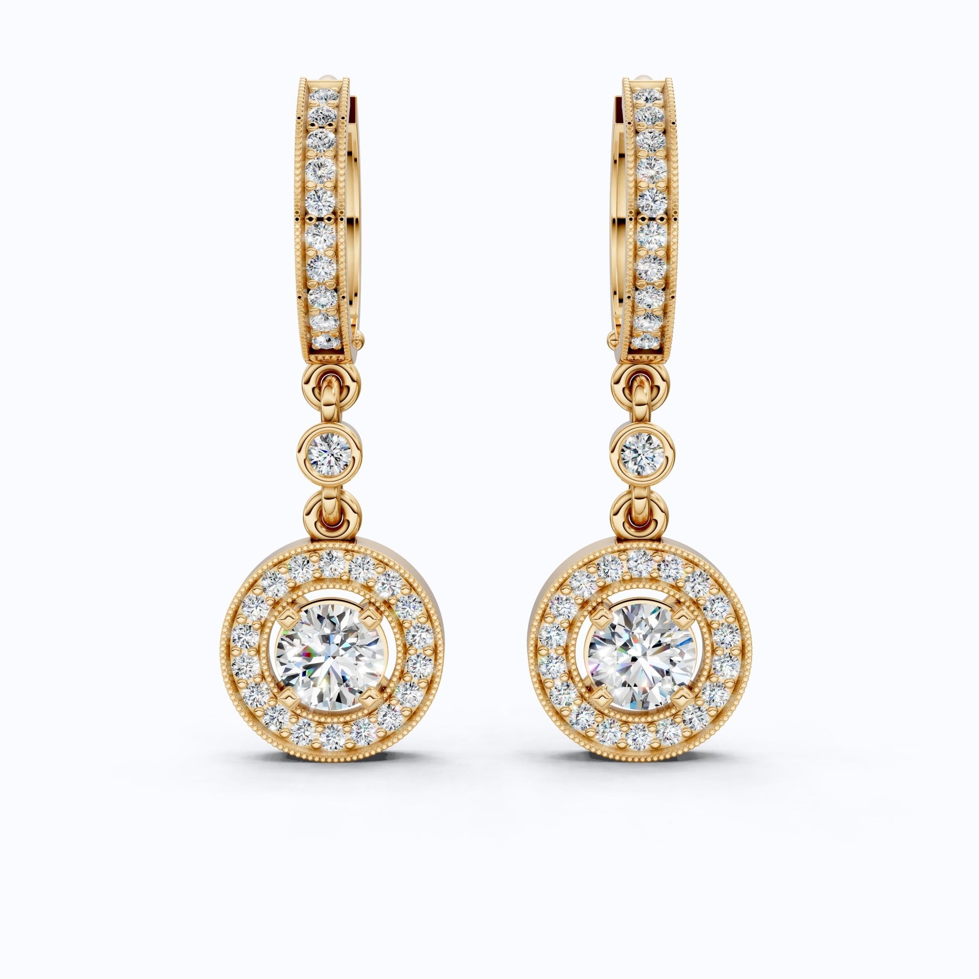 Modern Round Halo Huggie Dangle Wedding Earrings in Lab Diamond - 14k Solid Gold, Bridal Jewelry, Anniversary Gift for Wife - Shoora Designs