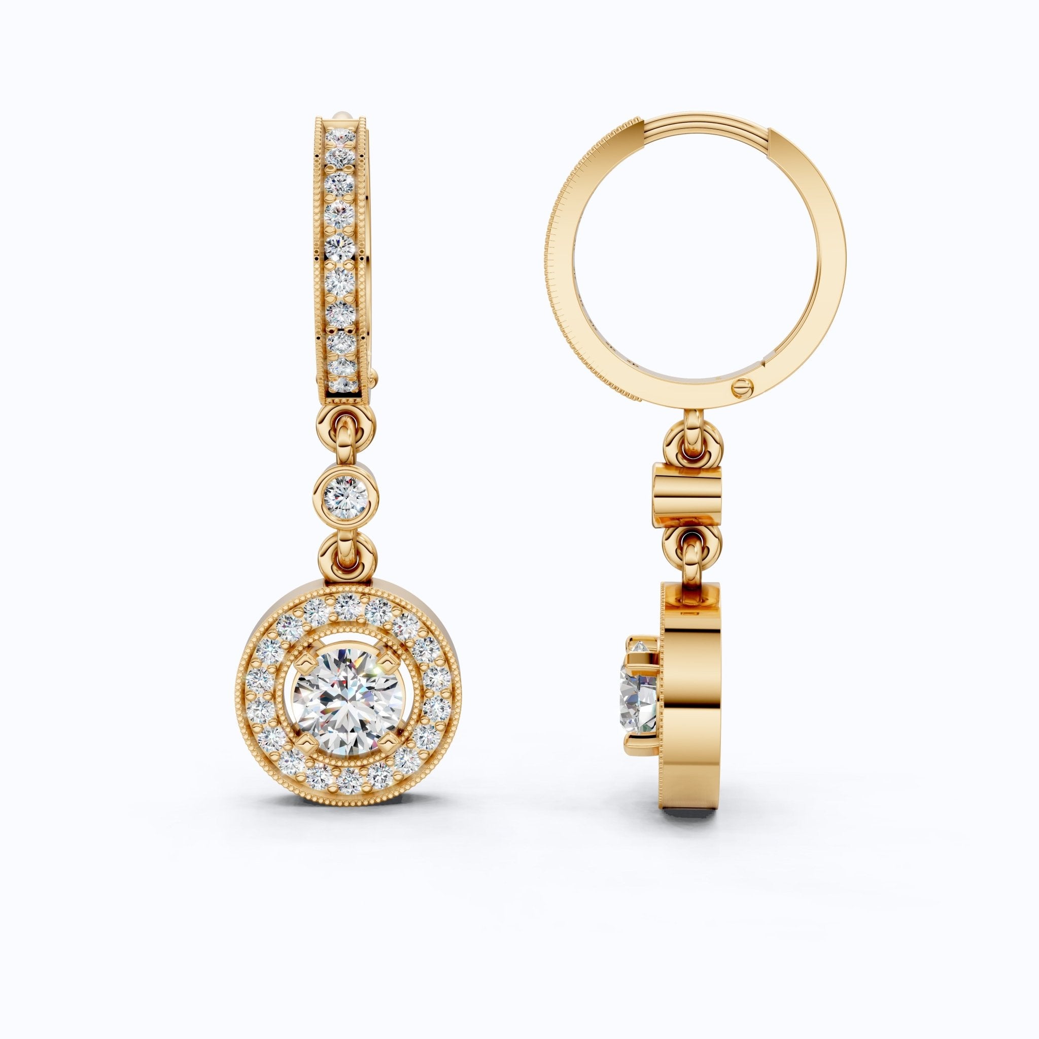 Modern Round Halo Huggie Dangle Wedding Earrings in Lab Diamond - 14k Solid Gold, Bridal Jewelry, Anniversary Gift for Wife - Shoora Designs