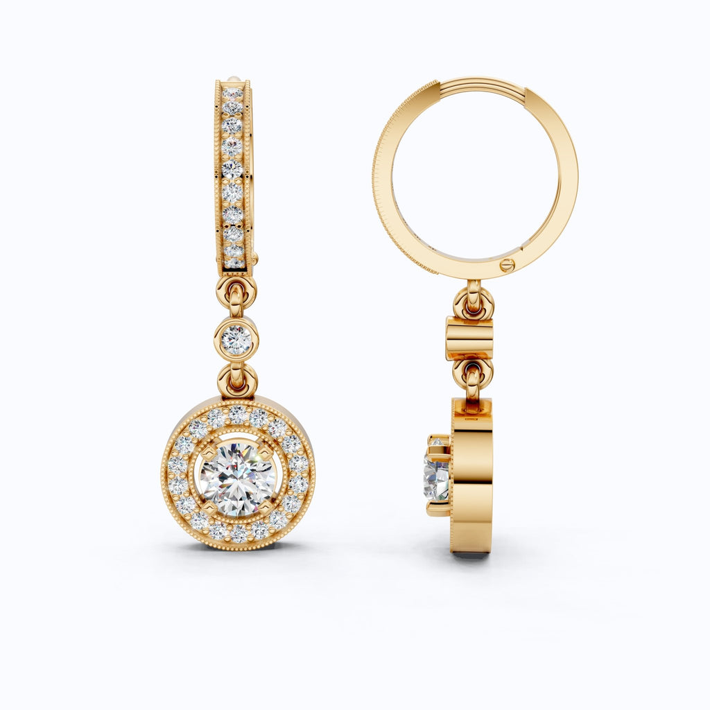 Modern Round Halo Huggie Dangle Wedding Earrings in Lab Diamond - 14k Solid Gold, Bridal Jewelry, Anniversary Gift for Wife - Shoora Designs