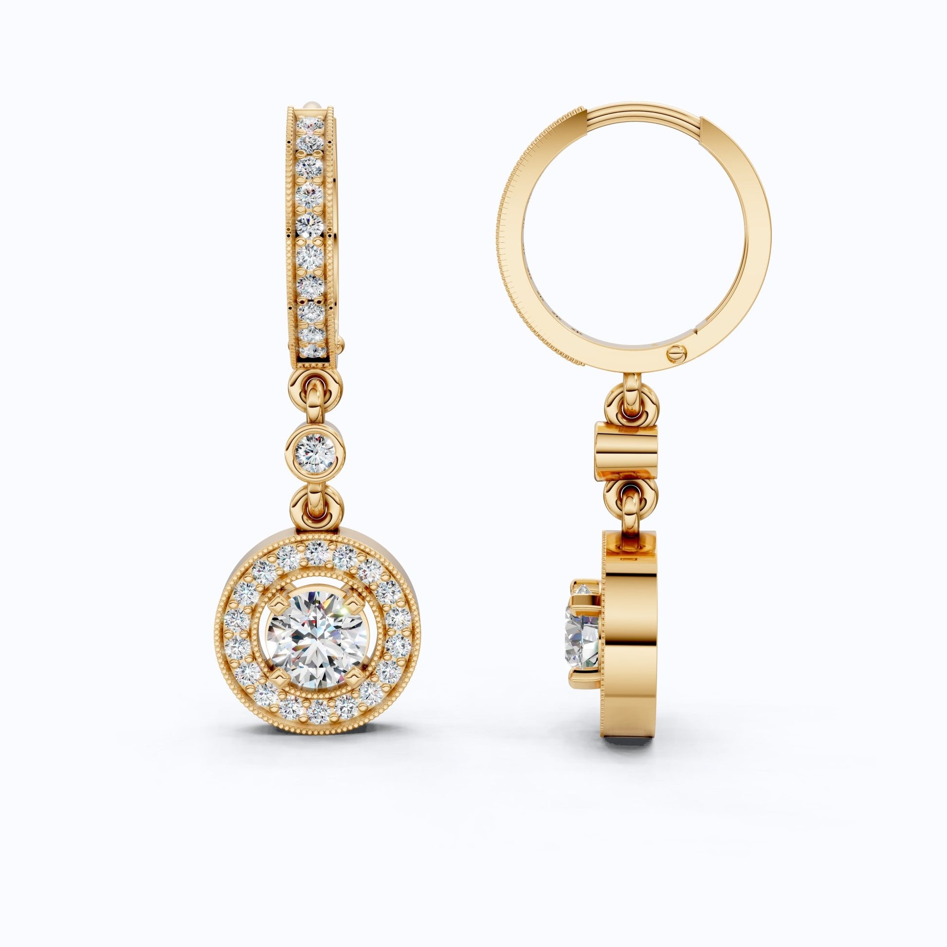 Modern Round Halo Huggie Dangle Wedding Earrings in Lab Diamond - 14k Solid Gold, Bridal Jewelry, Anniversary Gift for Wife - Shoora Designs