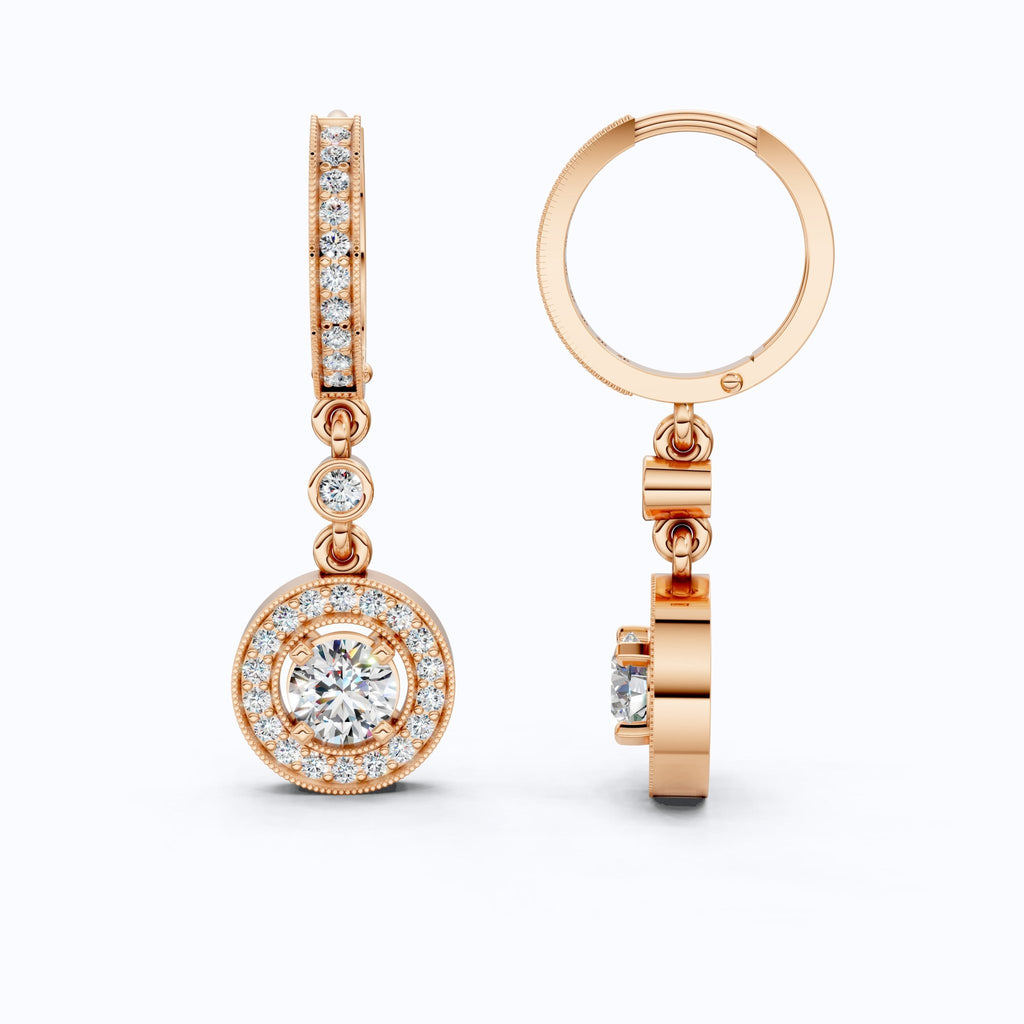 Modern Round Halo Huggie Dangle Wedding Earrings in Lab Diamond - 14k Solid Gold, Bridal Jewelry, Anniversary Gift for Wife - Shoora Designs