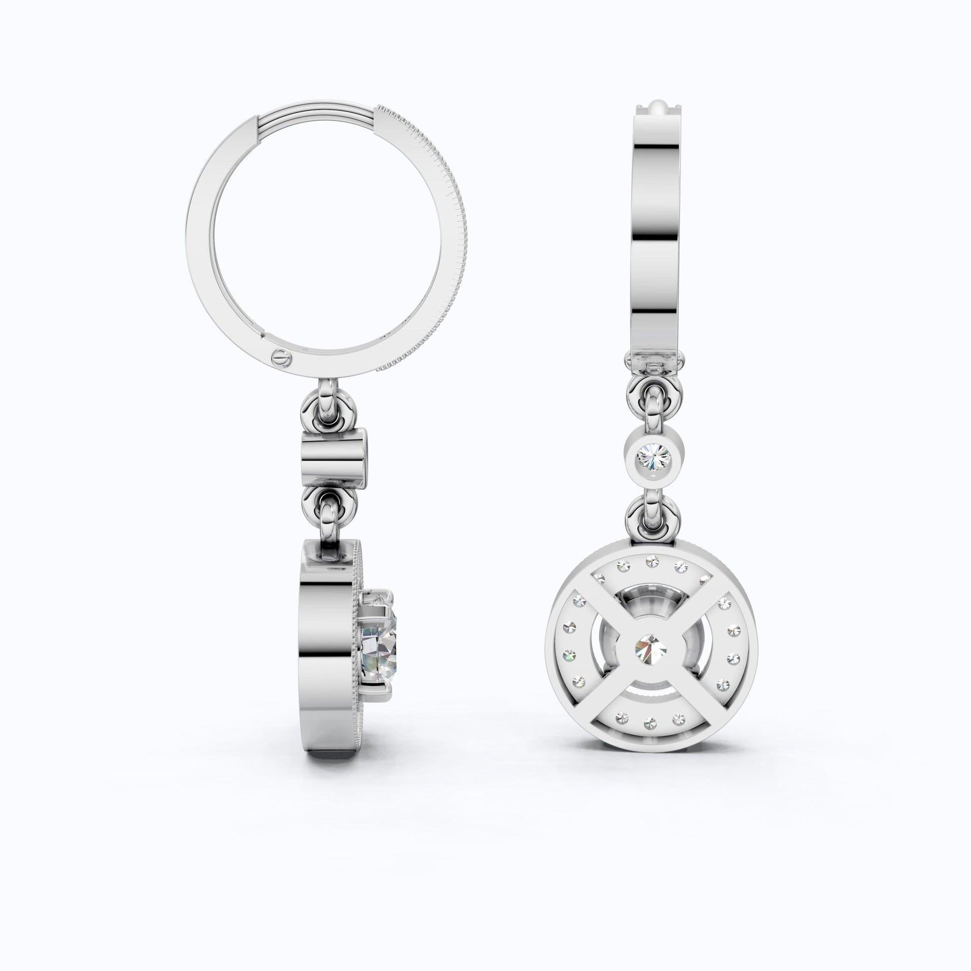 Modern Round Halo Huggie Dangle Wedding Earrings in Lab Diamond - 14k Solid Gold, Bridal Jewelry, Anniversary Gift for Wife - Shoora Designs