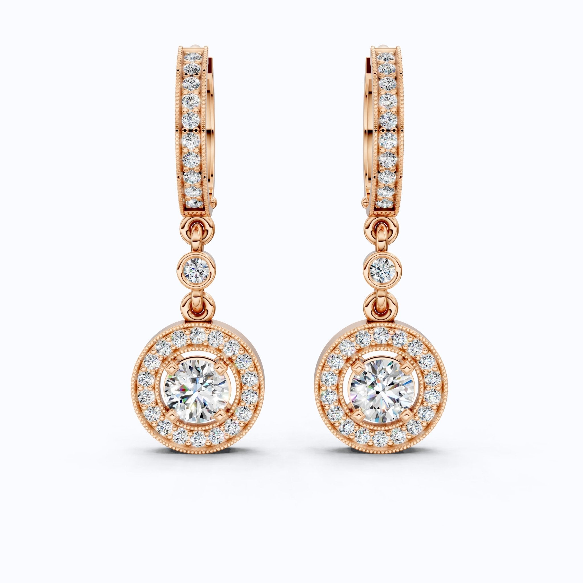 Modern Round Halo Huggie Dangle Wedding Earrings in Lab Diamond - 14k Solid Gold, Bridal Jewelry, Anniversary Gift for Wife - Shoora Designs