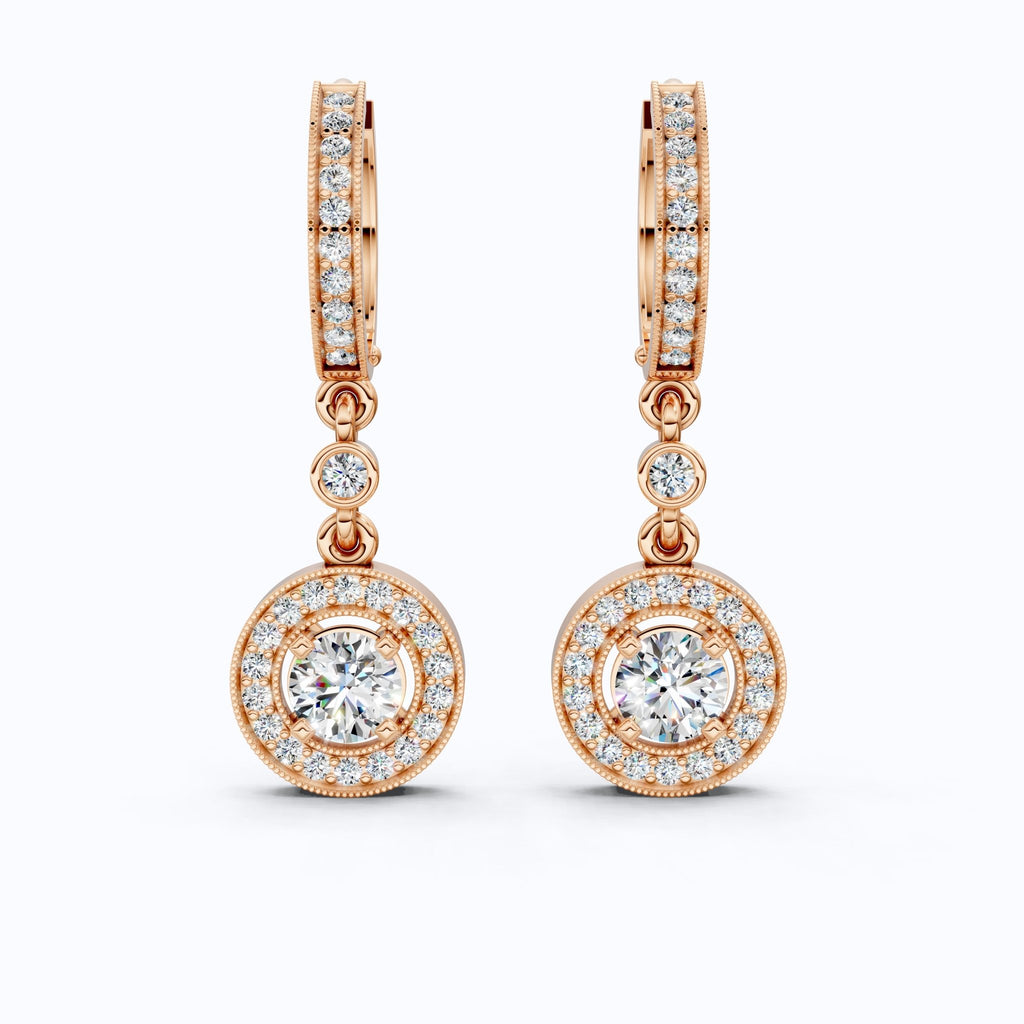 Modern Round Halo Huggie Dangle Wedding Earrings in Lab Diamond - 14k Solid Gold, Bridal Jewelry, Anniversary Gift for Wife - Shoora Designs