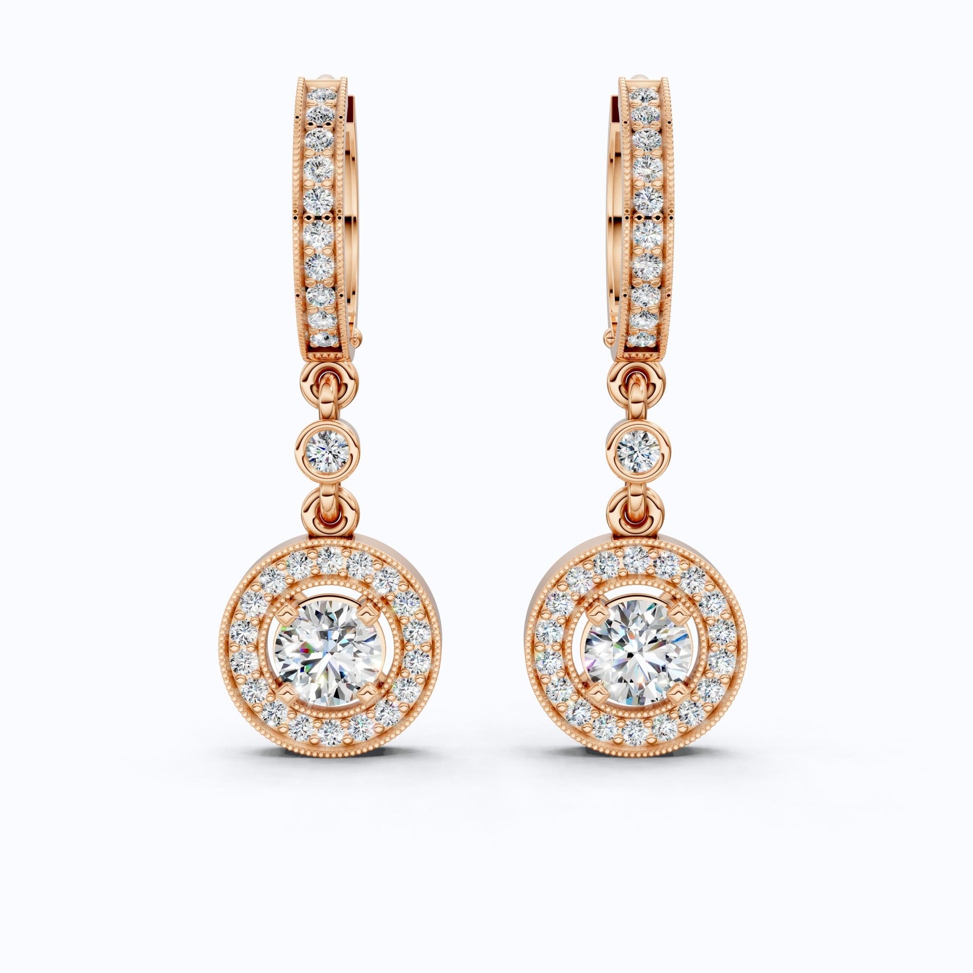 Modern Round Halo Huggie Dangle Wedding Earrings in Lab Diamond - 14k Solid Gold, Bridal Jewelry, Anniversary Gift for Wife - Shoora Designs