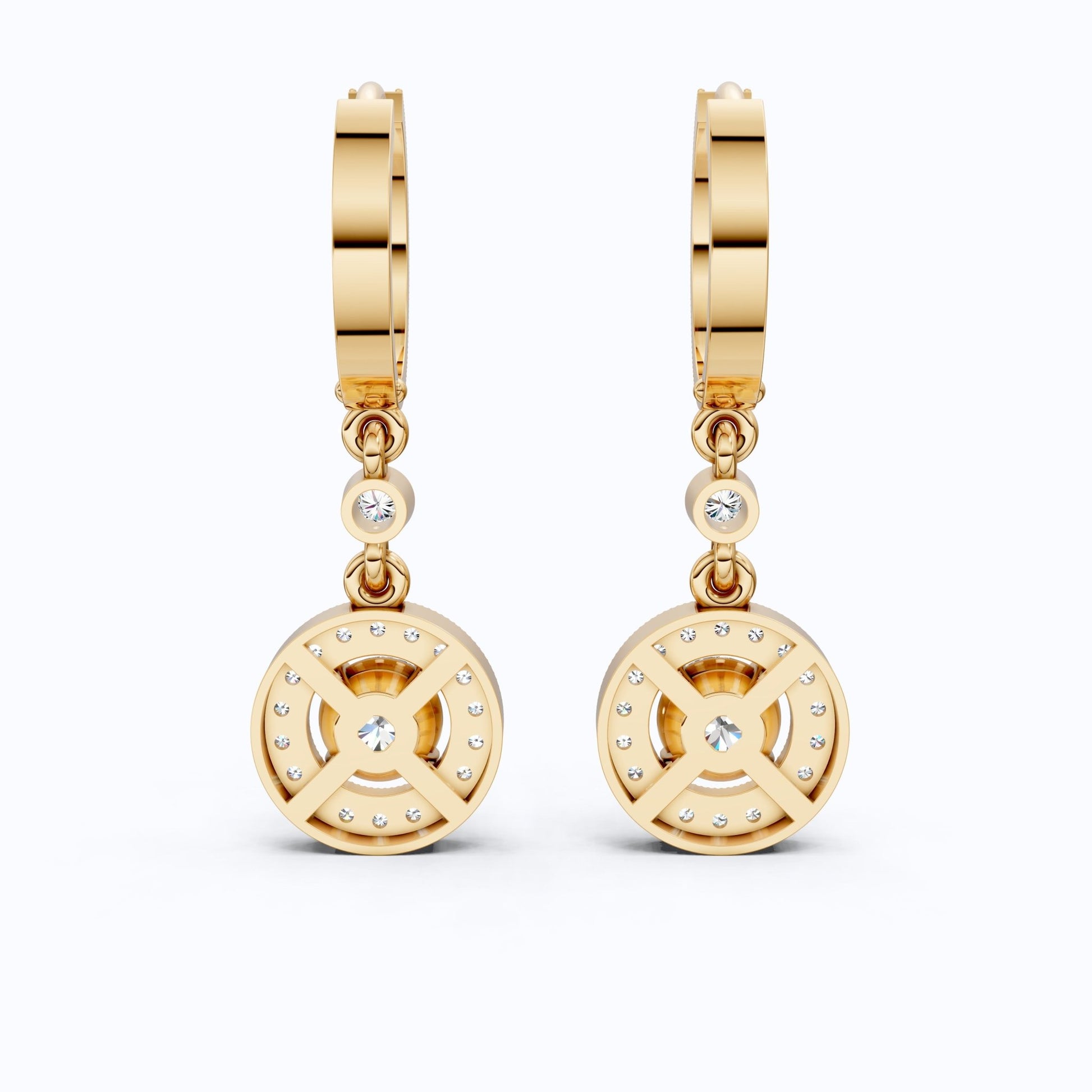 Modern Round Halo Huggie Dangle Wedding Earrings in Lab Diamond - 14k Solid Gold, Bridal Jewelry, Anniversary Gift for Wife - Shoora Designs