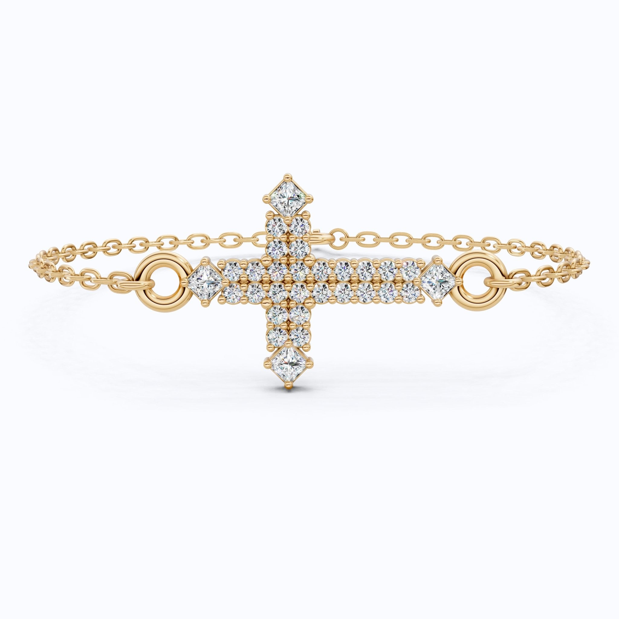 Modern Row Cross Pavé Chain Bracelet in 14K Solid Gold, 0.16 TCW Princess/Round Cut Lab Created Diamonds, Faith Bracelet, Bridal Jewelry, Wedding Gift - Shoora Designs