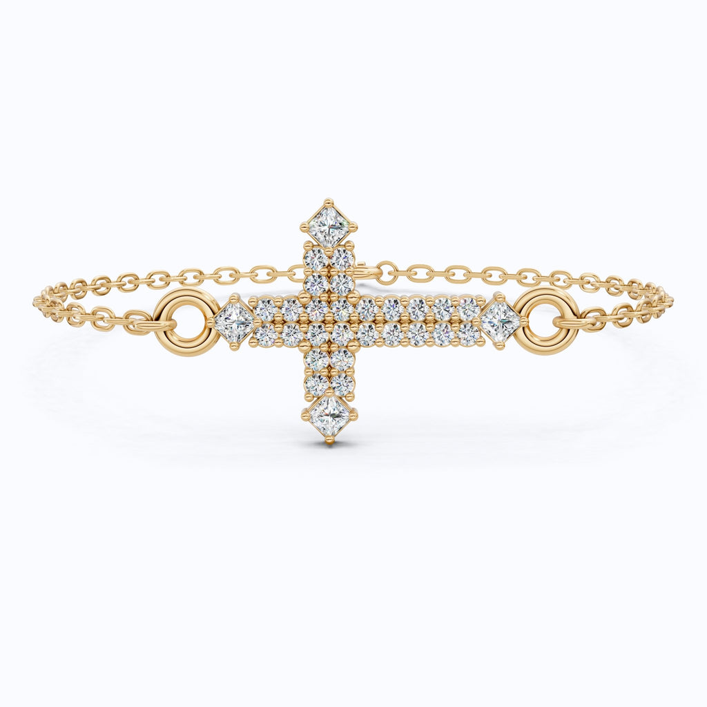 Modern Row Cross Pavé Chain Bracelet in 14K Solid Gold, 0.16 TCW Princess/Round Cut Lab Created Diamonds, Faith Bracelet, Bridal Jewelry, Wedding Gift - Shoora Designs