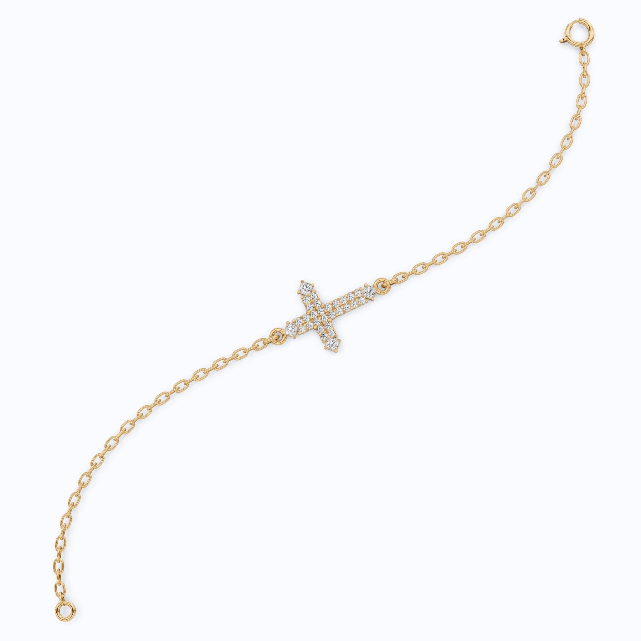 Modern Row Cross Pavé Chain Bracelet in 14K Solid Gold, 0.16 TCW Princess/Round Cut Lab Created Diamonds, Faith Bracelet, Bridal Jewelry, Wedding Gift - Shoora Designs