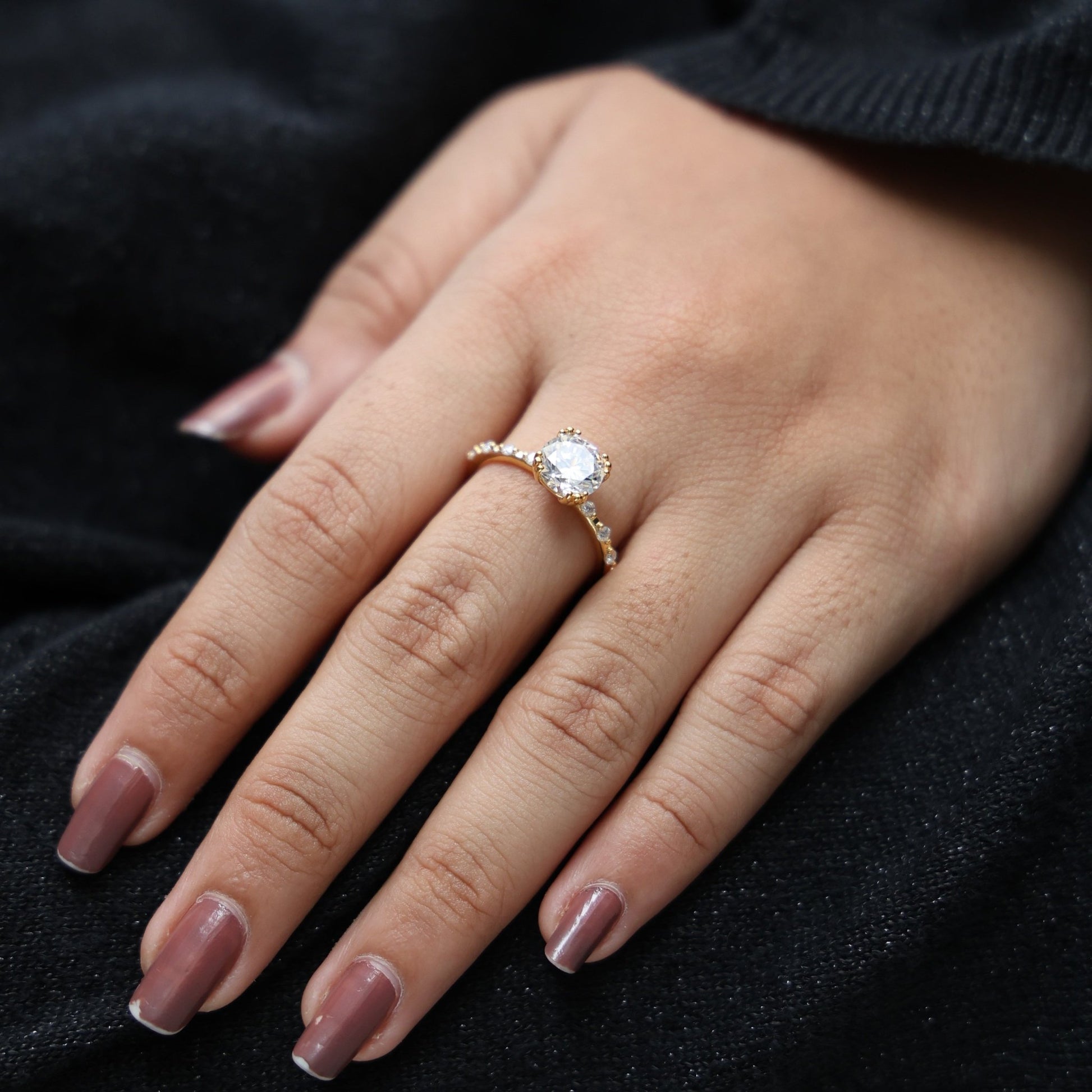 Modern Solitaire Pavé Engagement Ring in 14k Solid Gold, 1.00 CT Round Cut Lab Diamond, Promise Ring, Wedding Gift for Her, Everyday Jewelry - Shoora Designs