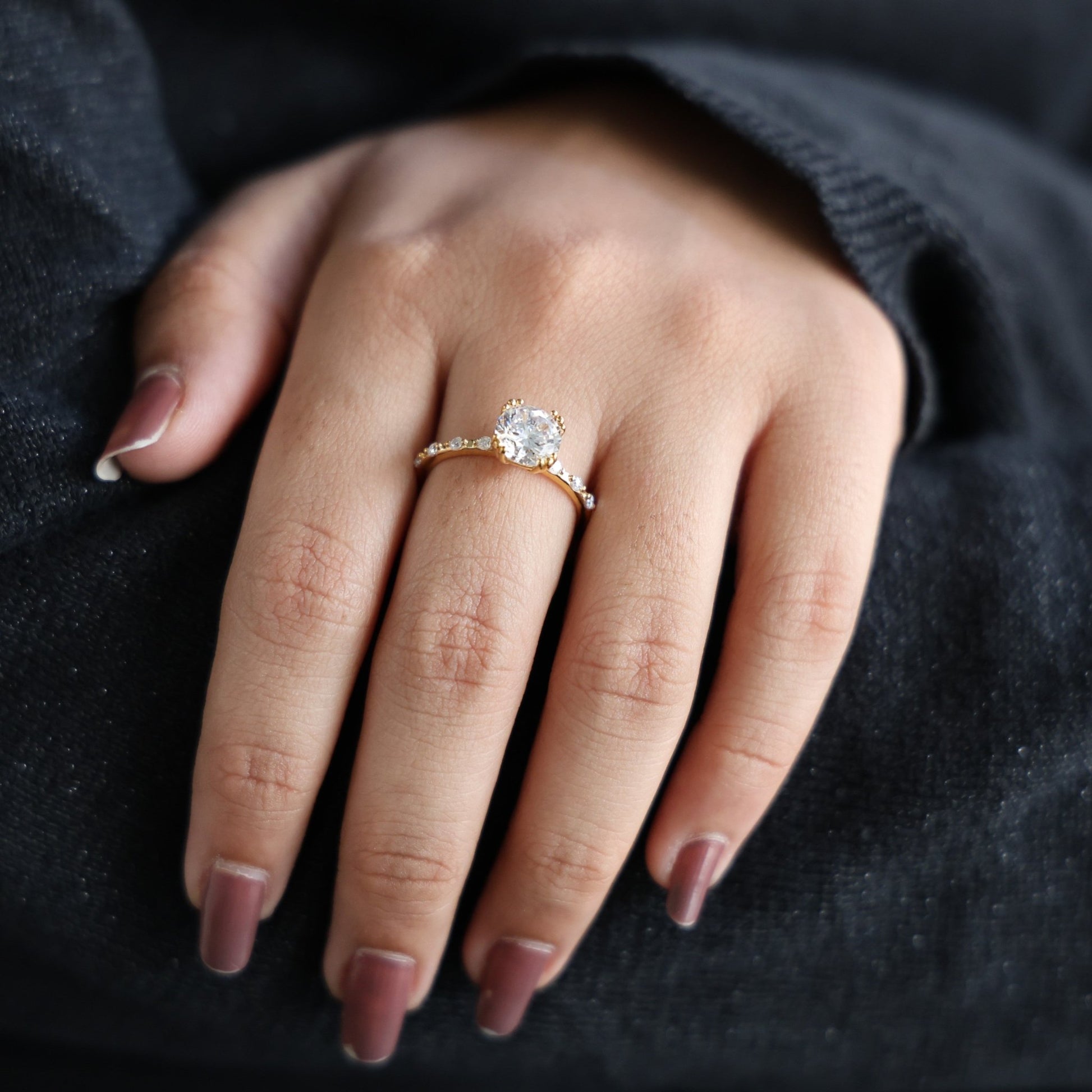 Modern Solitaire Pavé Engagement Ring in 14k Solid Gold, 1.00 CT Round Cut Lab Diamond, Promise Ring, Wedding Gift for Her, Everyday Jewelry - Shoora Designs