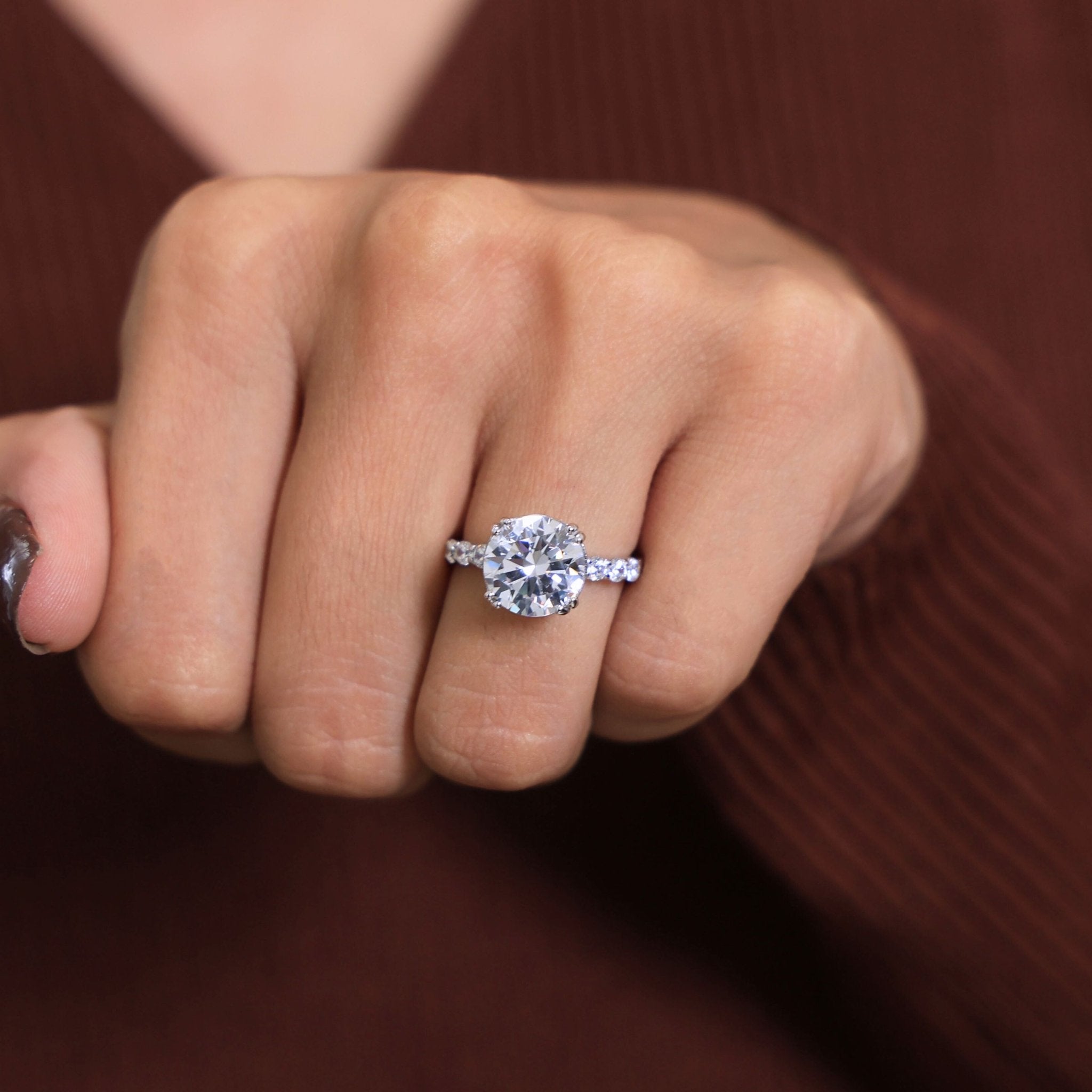 Modern Solitaire Pave Engagement Ring in 14K Solid Gold, 2.75 CT Round Cut Lab Created Diamond, Bridal Jewelry, Wedding Gift for Her, Promise Ring - Shoora Designs