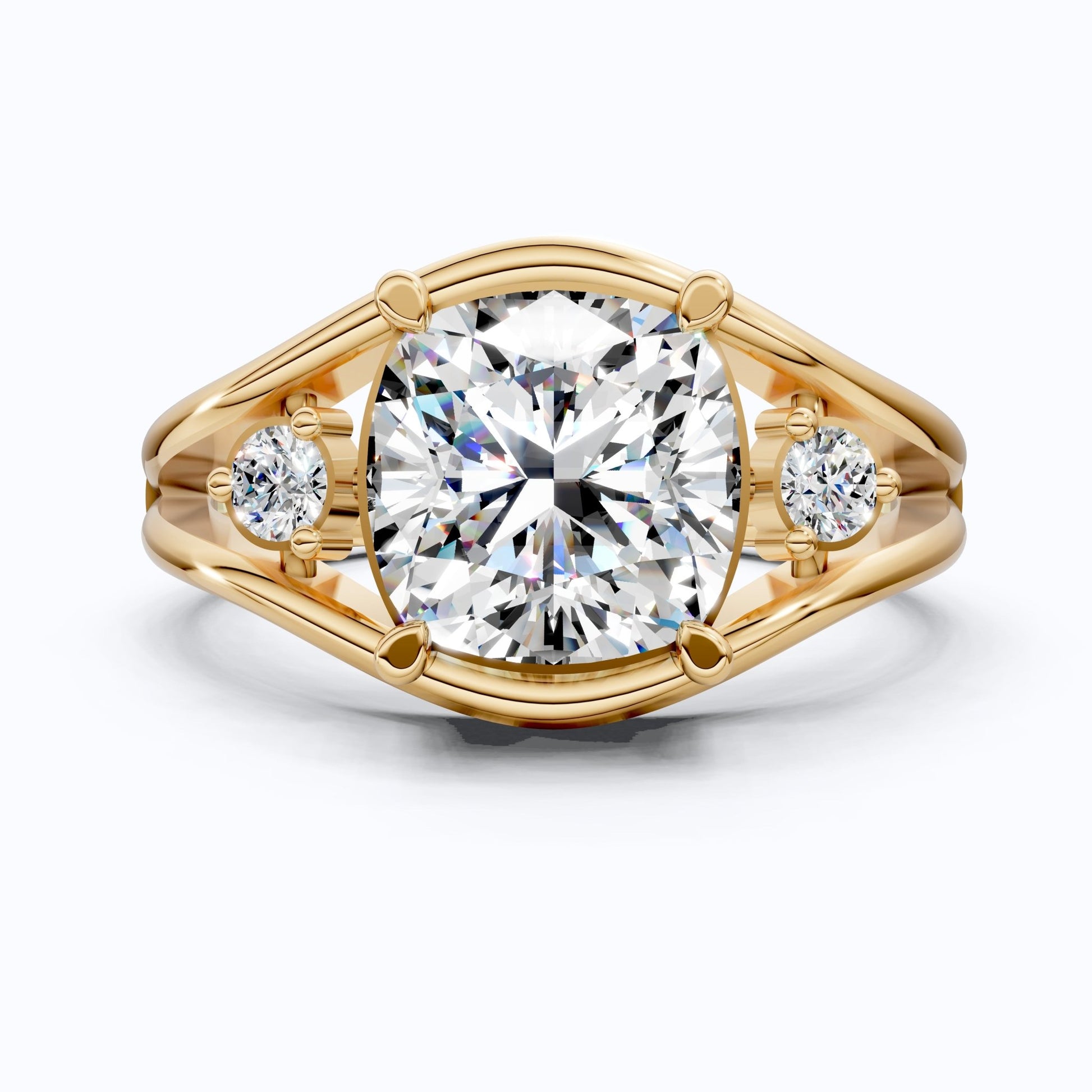 Modern Split Shank Three Stone Wedding Ring in Lab Grown Diamond – 14k Solid Gold, Luxurious GIft for Women, Everyday Jewelry - Shoora Designs