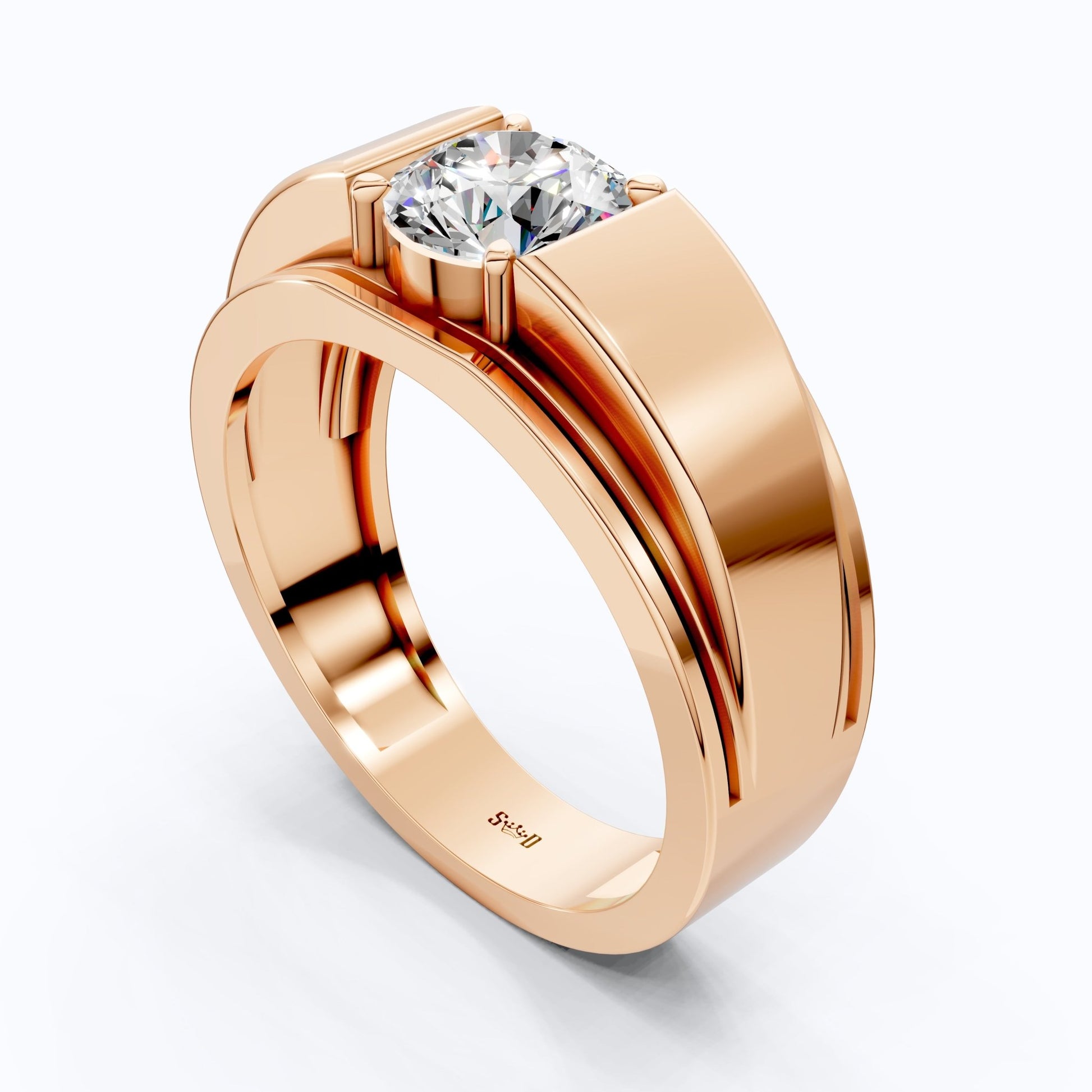 Modern Step - Edge Wide Band Solitaire Men's Engagement Ring in 14k Solid Gold, 1.00 CT Round Cut Lab Created Diamond, Luxury Gift for Him - Shoora Designs