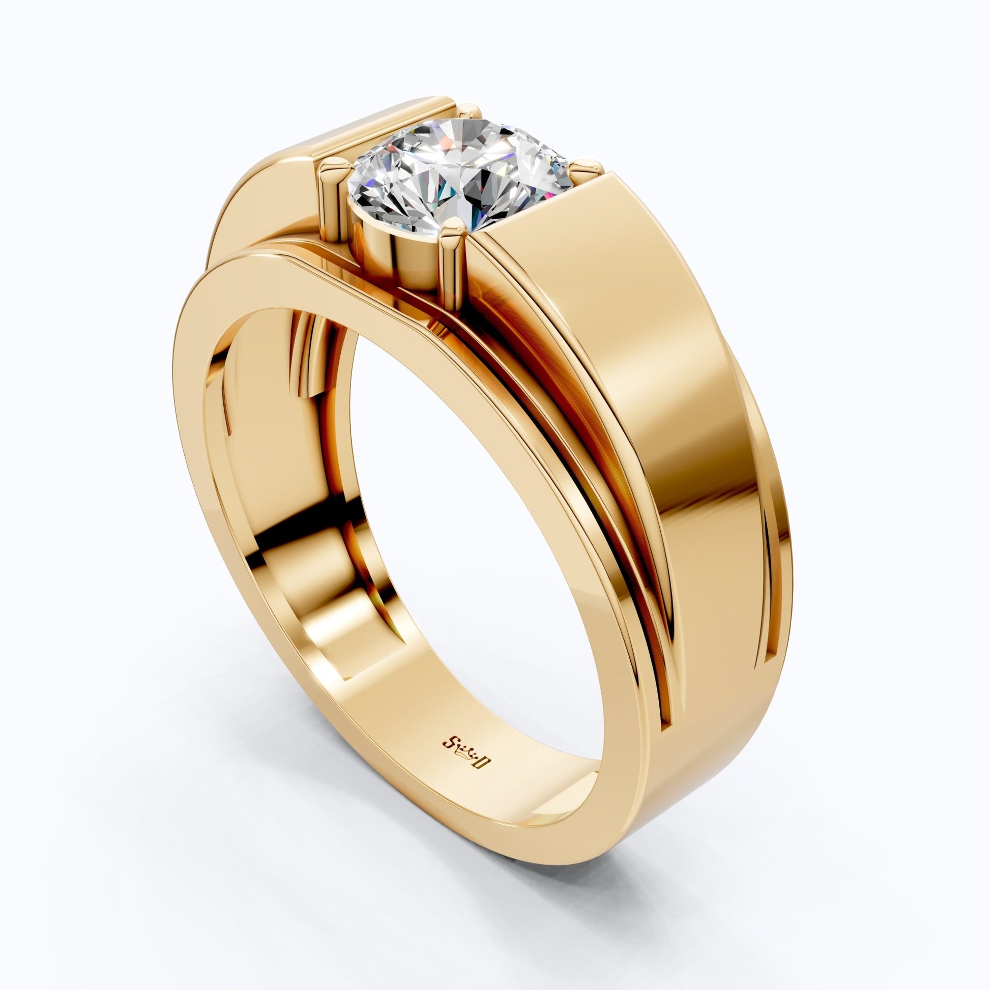 Modern Step - Edge Wide Band Solitaire Men's Engagement Ring in 14k Solid Gold, 1.00 CT Round Cut Lab Created Diamond, Luxury Gift for Him - Shoora Designs