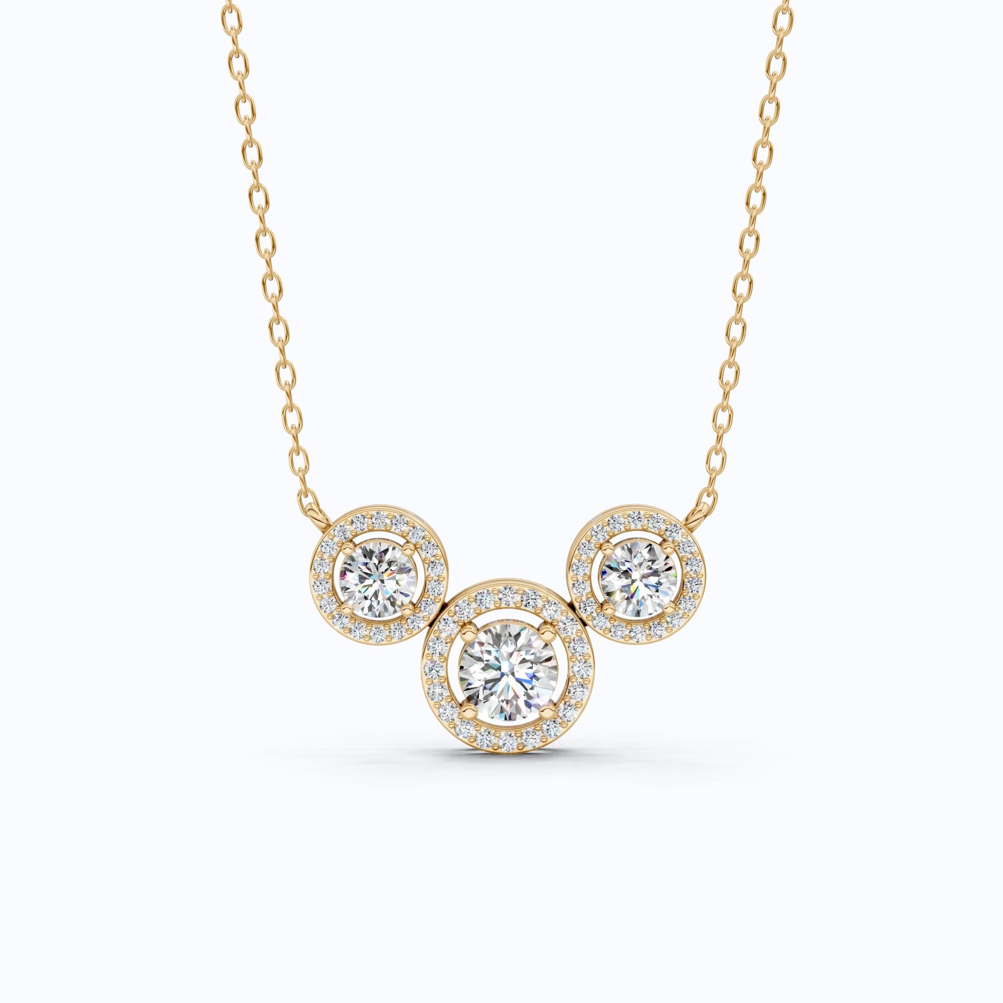 Modern Three Stone Round Halo Wedding Pendant in Lab Grown Diamond - 14k Solid Gold, Anniversary Gift, Handmade Jewelry - Shoora Designs