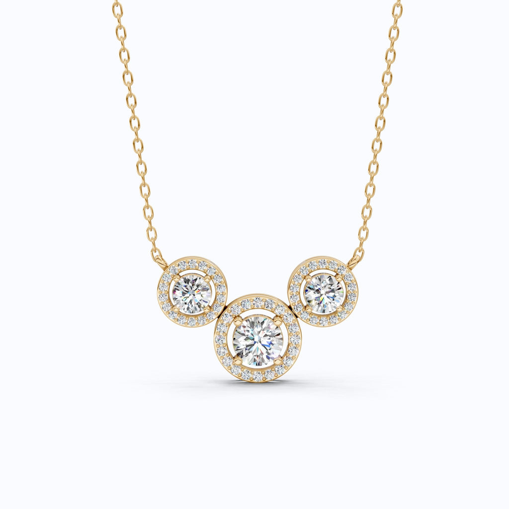 Modern Three Stone Round Halo Wedding Pendant in Lab Grown Diamond - 14k Solid Gold, Anniversary Gift, Handmade Jewelry - Shoora Designs