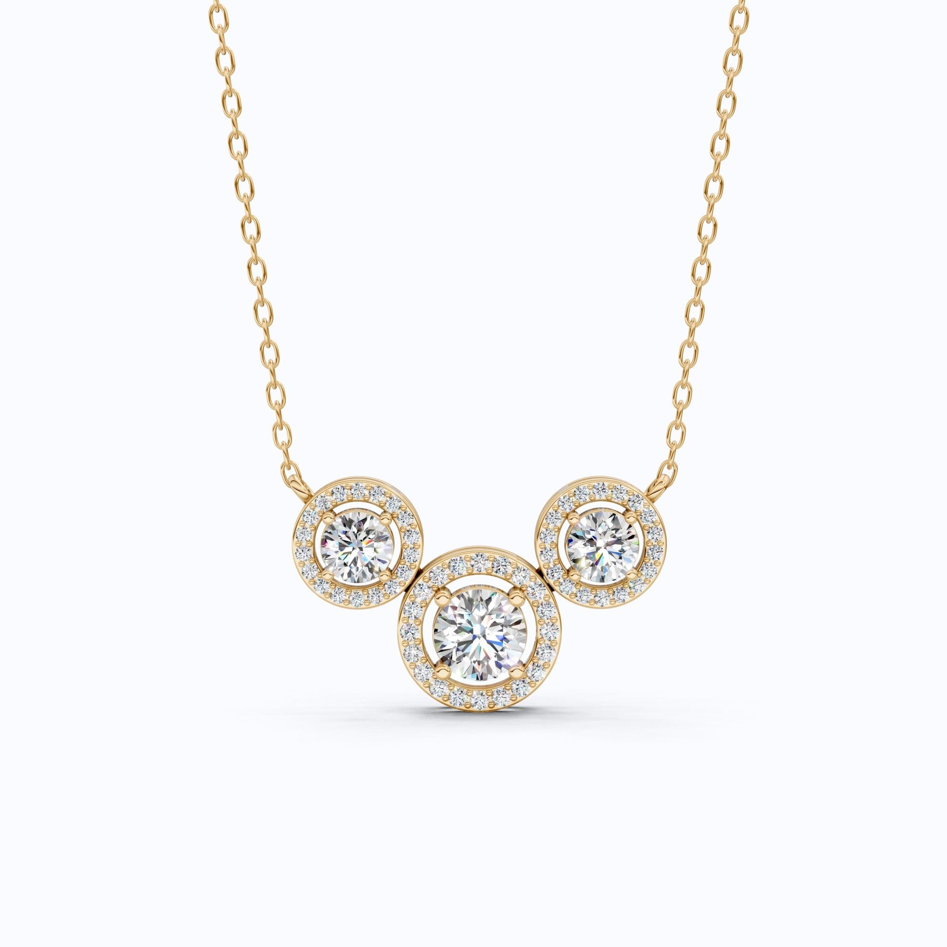 Modern Three Stone Round Halo Wedding Pendant in Lab Grown Diamond - 14k Solid Gold, Anniversary Gift, Handmade Jewelry - Shoora Designs