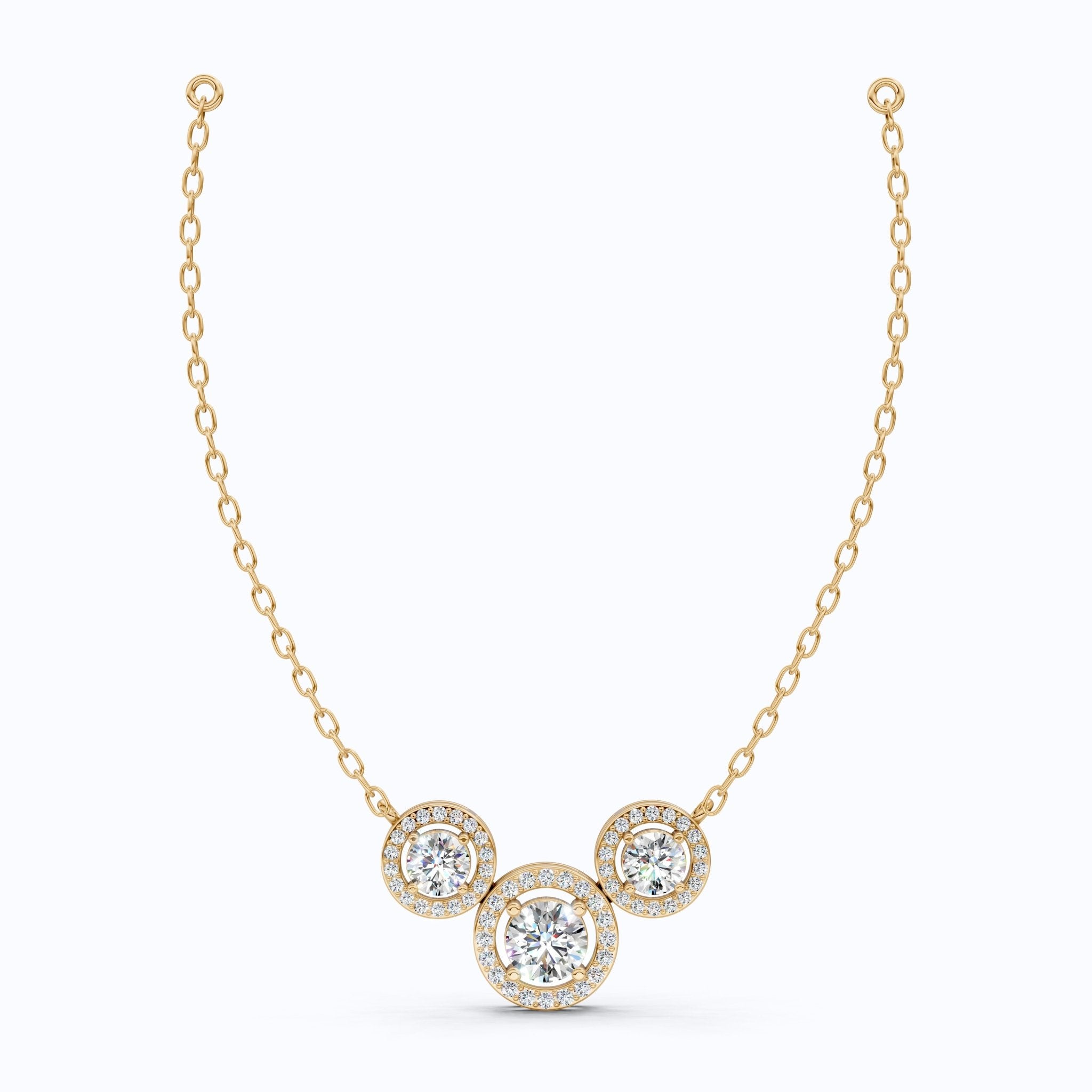 Modern Three Stone Round Halo Wedding Pendant in Lab Grown Diamond - 14k Solid Gold, Anniversary Gift, Handmade Jewelry - Shoora Designs