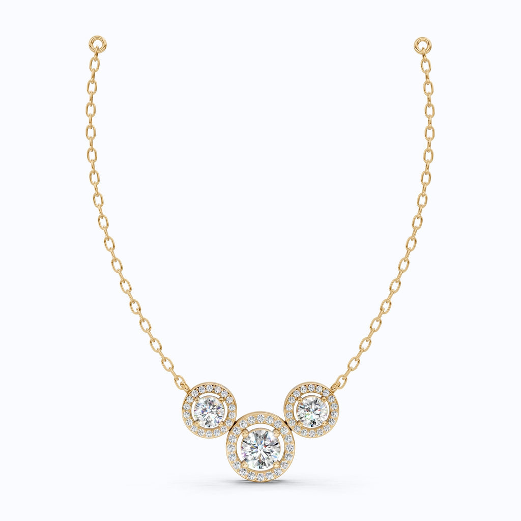 Modern Three Stone Round Halo Wedding Pendant in Lab Grown Diamond - 14k Solid Gold, Anniversary Gift, Handmade Jewelry - Shoora Designs