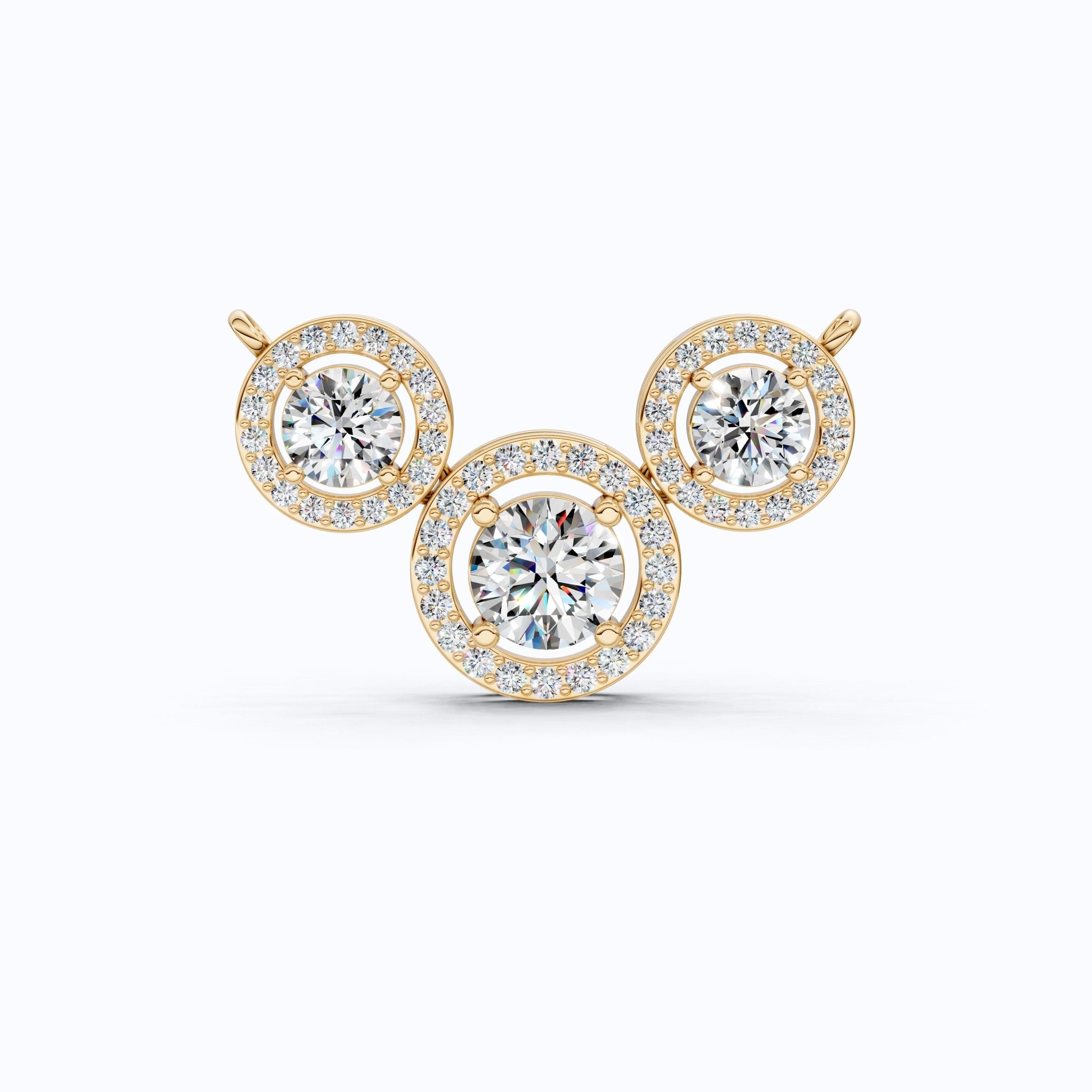 Modern Three Stone Round Halo Wedding Pendant in Lab Grown Diamond - 14k Solid Gold, Anniversary Gift, Handmade Jewelry - Shoora Designs