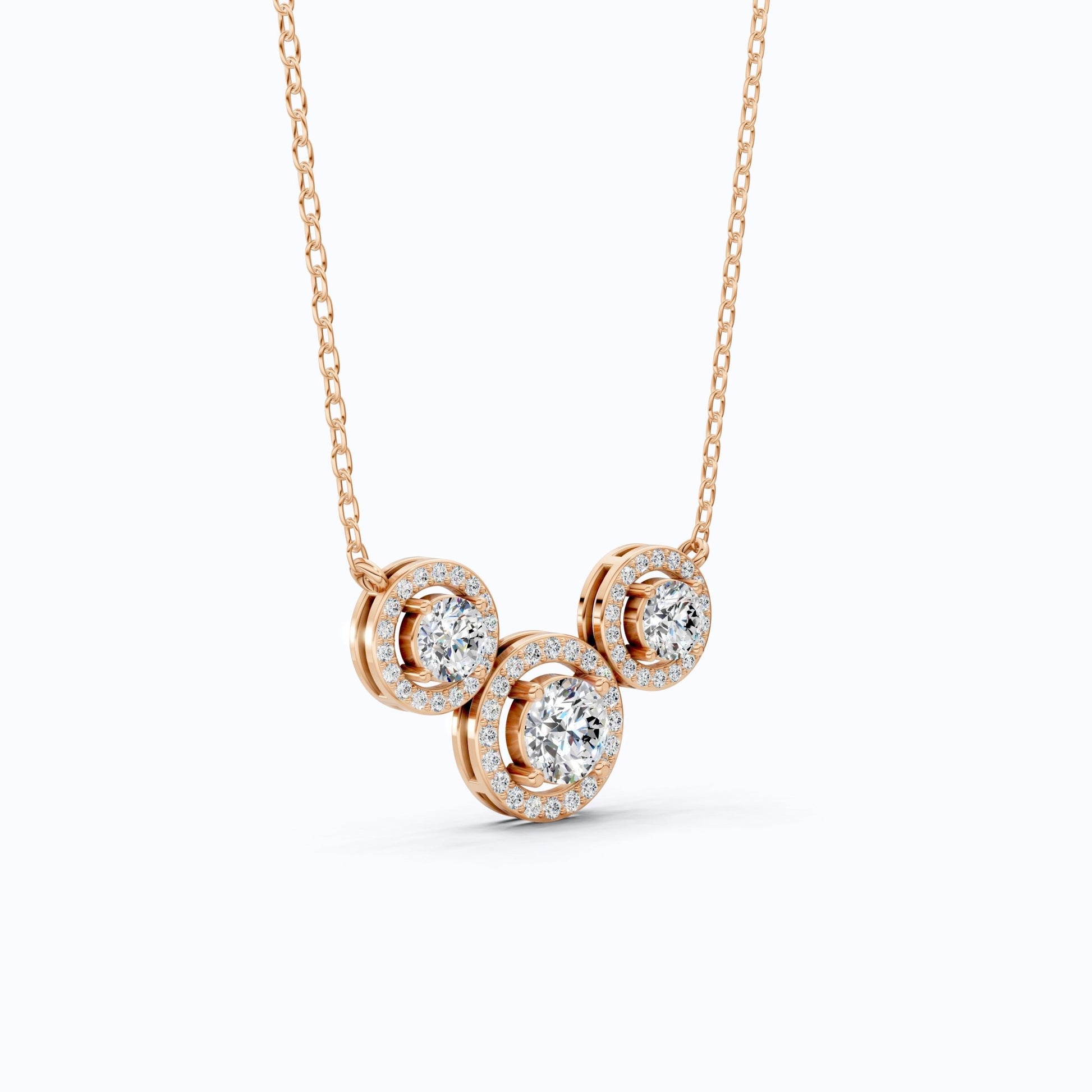 Modern Three Stone Round Halo Wedding Pendant in Lab Grown Diamond - 14k Solid Gold, Anniversary Gift, Handmade Jewelry - Shoora Designs