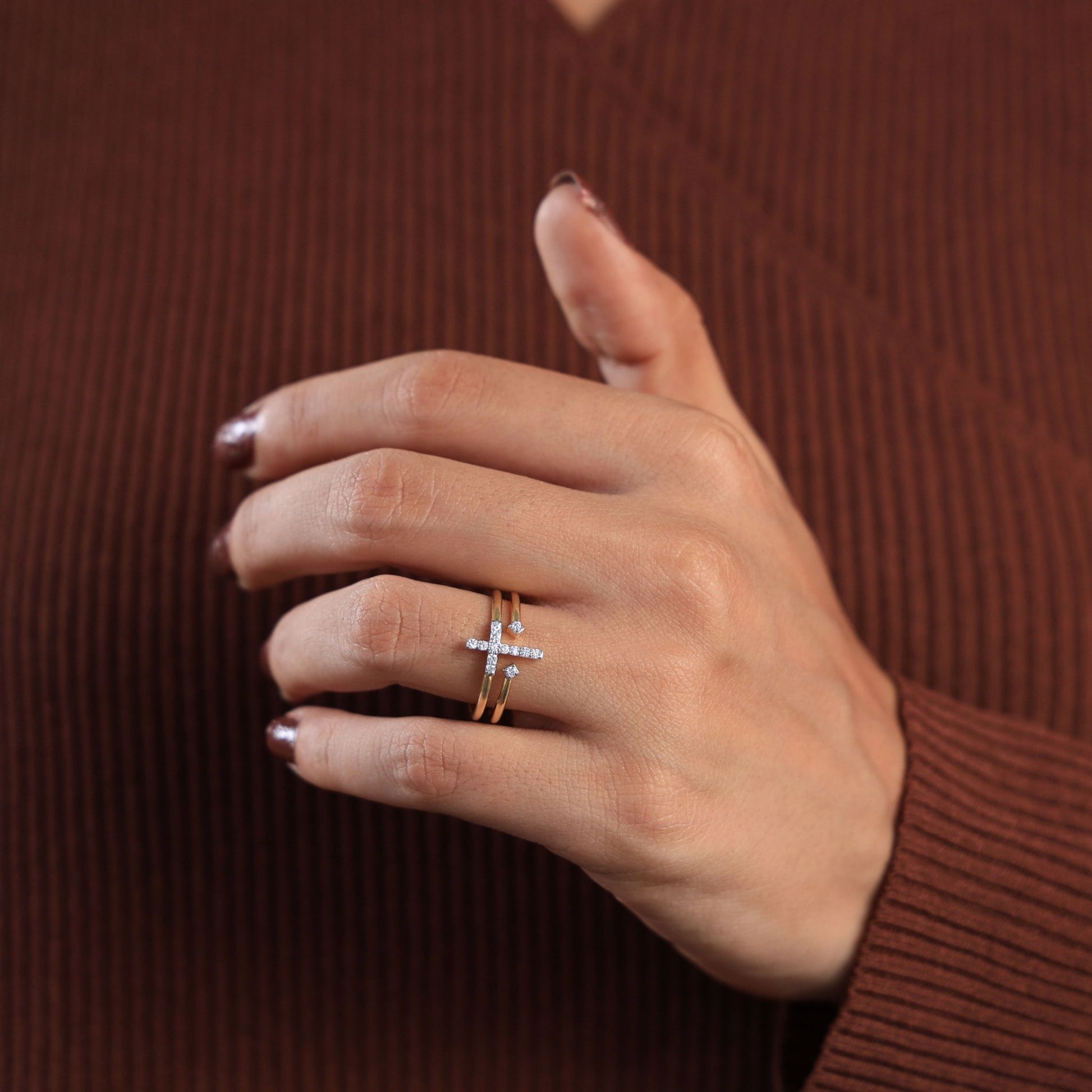 Modern Twin Band Jesus Cross Engagement Ring in 14k Solid Gold, 0.16 TCW Round Cut Lab Diamonds, Promise Ring, Anniversary Gift For Wife - Shoora Designs