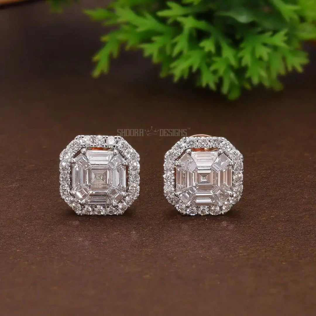 Asscher Illusion Halo Stud Earrings in Natural Diamond – 14k Solid Gold, Elegant Pie-Cut Earrings, Luxury Gift for Her