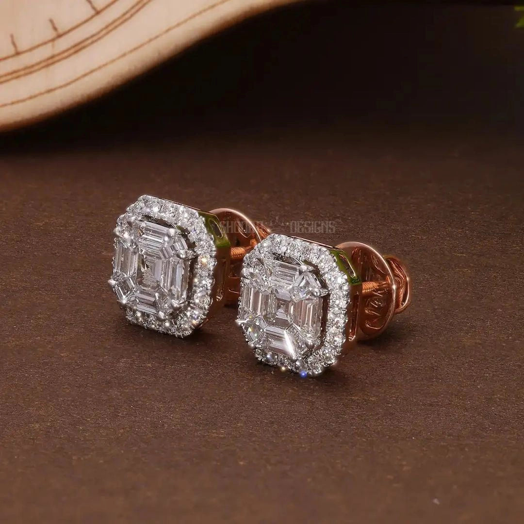 Asscher Illusion Halo Stud Earrings in Natural Diamond – 14k Solid Gold, Elegant Pie-Cut Earrings, Luxury Gift for Her