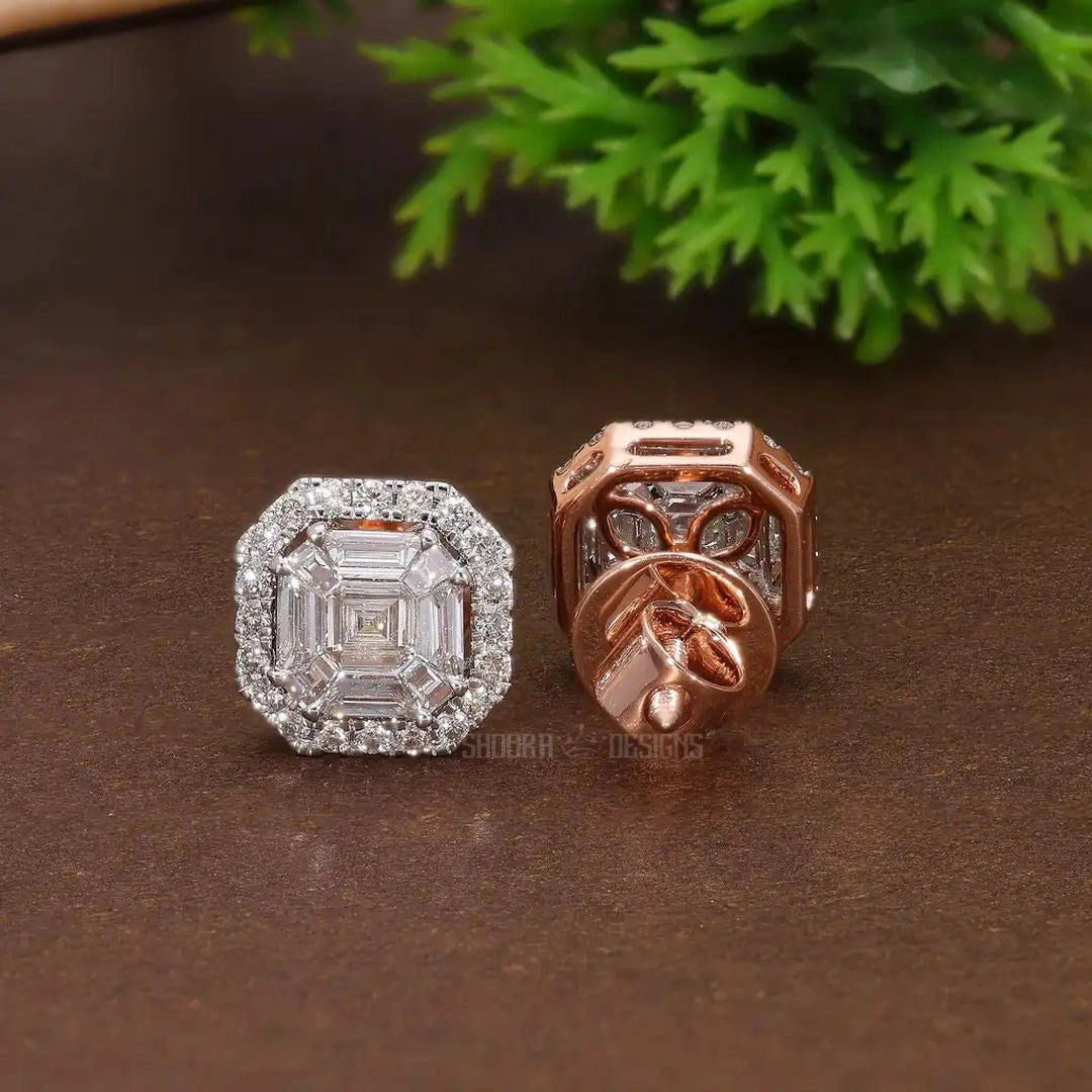 Asscher Illusion Halo Stud Earrings in Natural Diamond – 14k Solid Gold, Elegant Pie-Cut Earrings, Luxury Gift for Her