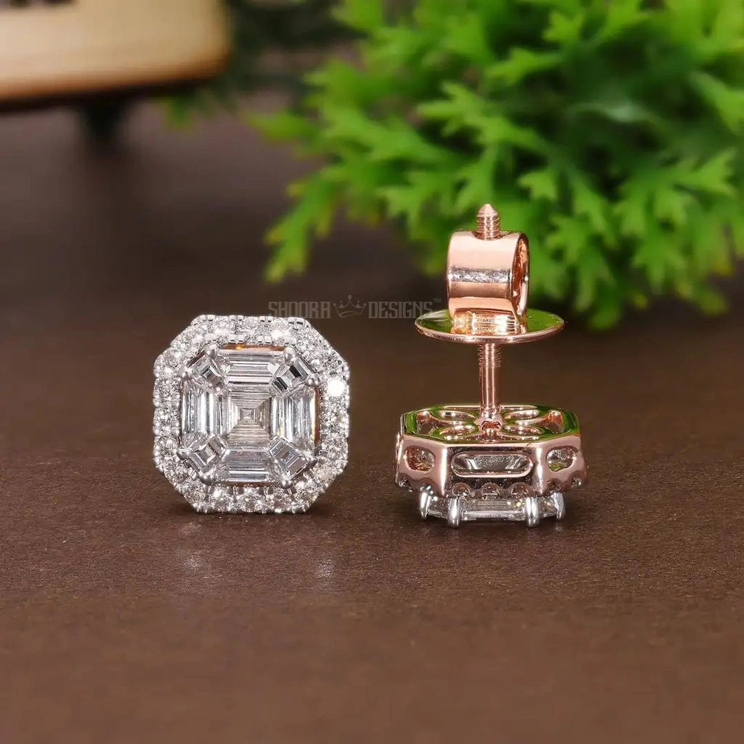 Asscher Illusion Halo Stud Earrings in Natural Diamond – 14k Solid Gold, Elegant Pie-Cut Earrings, Luxury Gift for Her