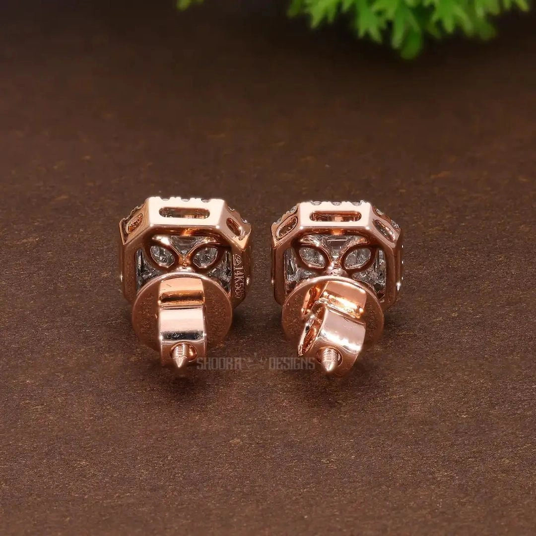Asscher Illusion Halo Stud Earrings in Natural Diamond – 14k Solid Gold, Elegant Pie-Cut Earrings, Luxury Gift for Her