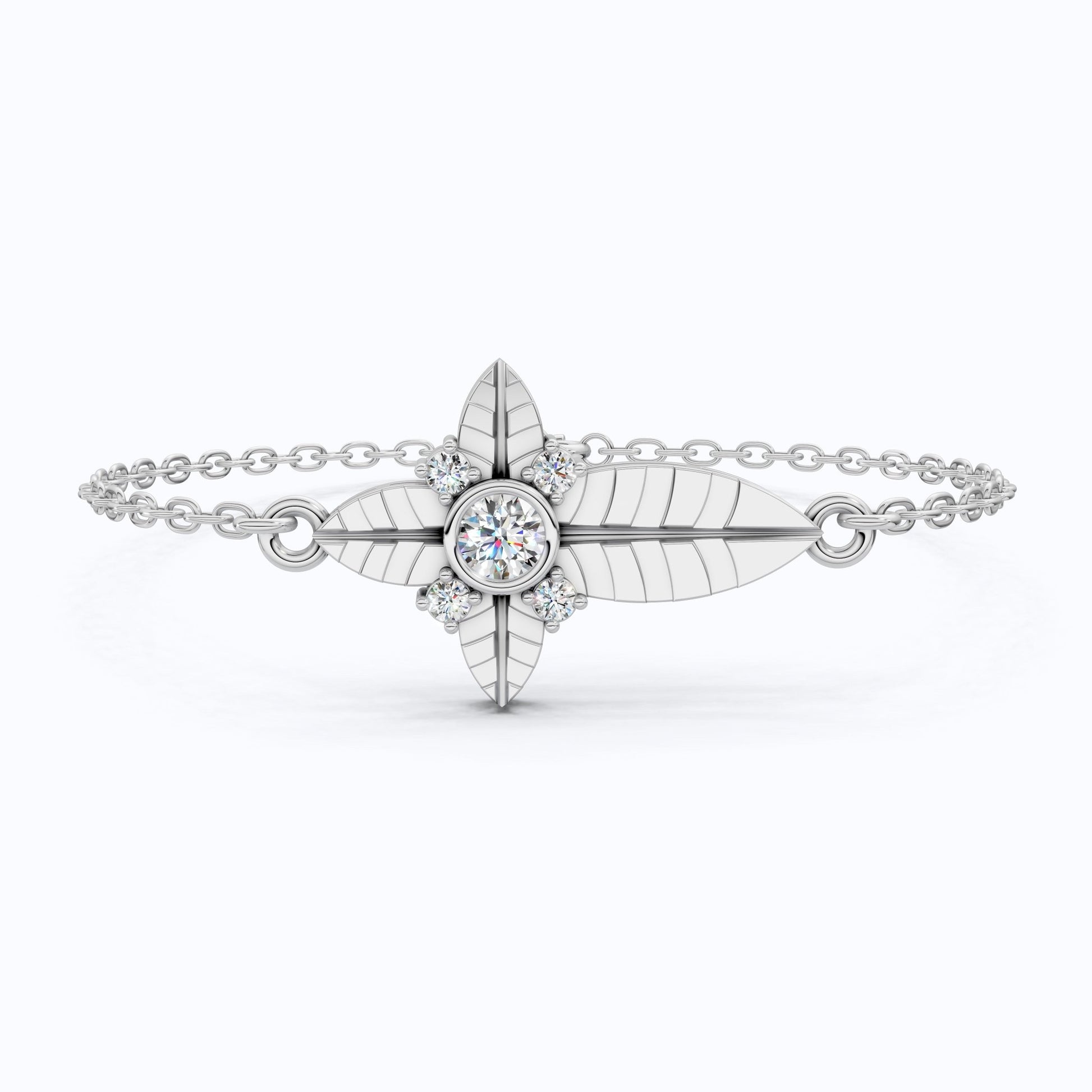 Nature Leaf Cross Charm Bracelet in 14k Solid Gold, 0.20 TCW Round Cut Lab Grown Diamonds, Botanical Bracelet, Gift for Her, Wedding Jewelry - Shoora Designs