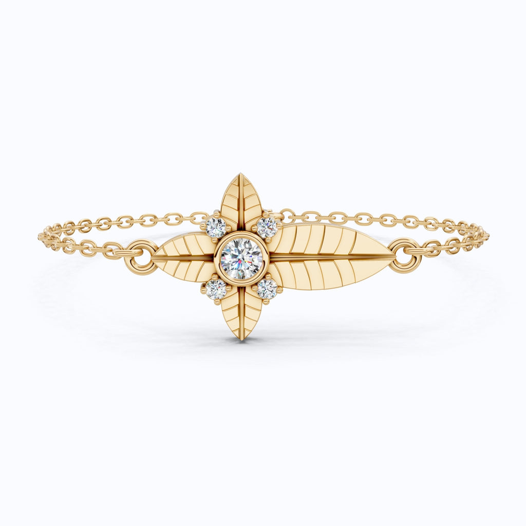 Nature Leaf Cross Charm Bracelet in 14k Solid Gold, 0.20 TCW Round Cut Lab Grown Diamonds, Botanical Bracelet, Gift for Her, Wedding Jewelry - Shoora Designs