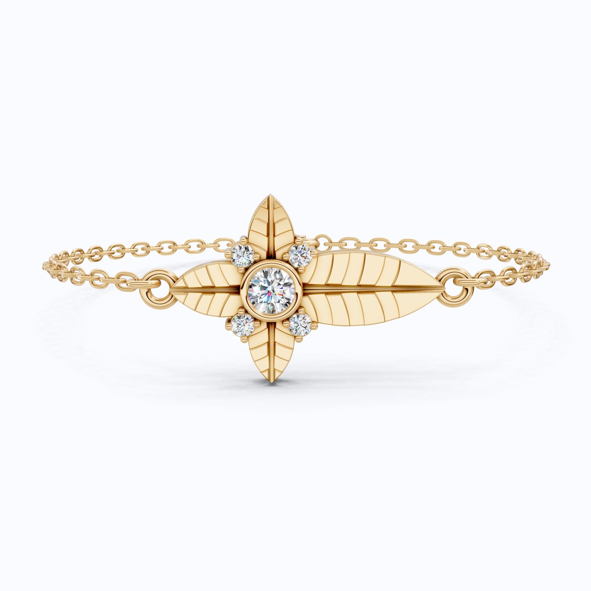 Nature Leaf Cross Charm Bracelet in 14k Solid Gold, 0.20 TCW Round Cut Lab Grown Diamonds, Botanical Bracelet, Gift for Her, Wedding Jewelry - Shoora Designs