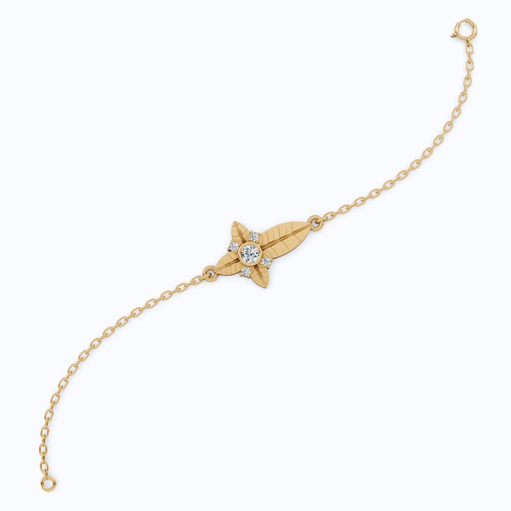 Nature Leaf Cross Charm Bracelet in 14k Solid Gold, 0.20 TCW Round Cut Lab Grown Diamonds, Botanical Bracelet, Gift for Her, Wedding Jewelry - Shoora Designs