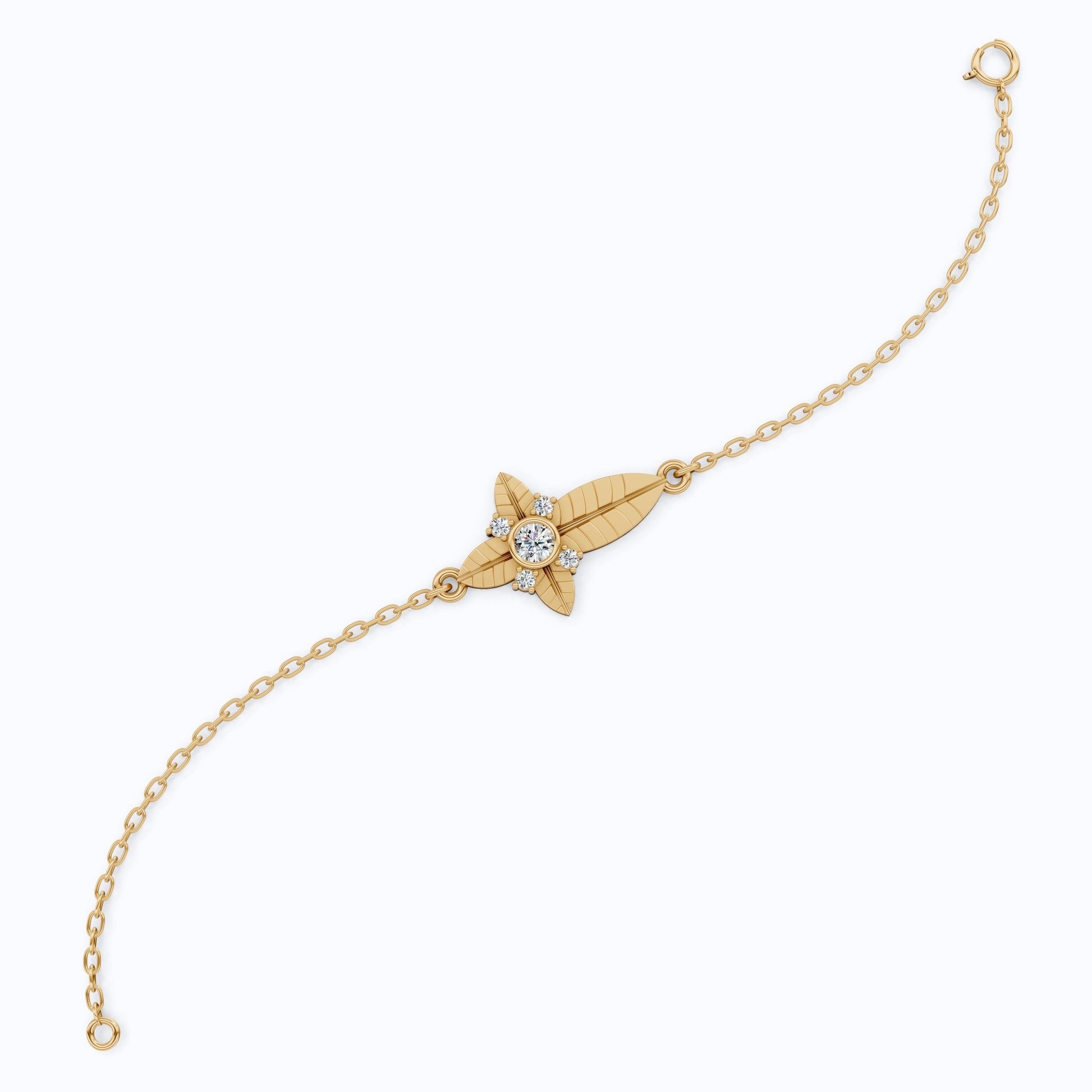 Nature Leaf Cross Charm Bracelet in 14k Solid Gold, 0.20 TCW Round Cut Lab Grown Diamonds, Botanical Bracelet, Gift for Her, Wedding Jewelry - Shoora Designs