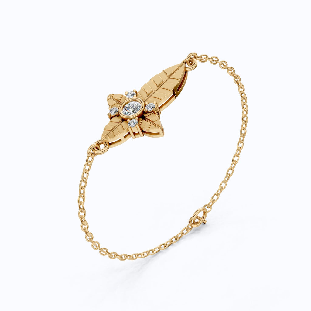 Nature Leaf Cross Charm Bracelet in 14k Solid Gold, 0.20 TCW Round Cut Lab Grown Diamonds, Botanical Bracelet, Gift for Her, Wedding Jewelry - Shoora Designs