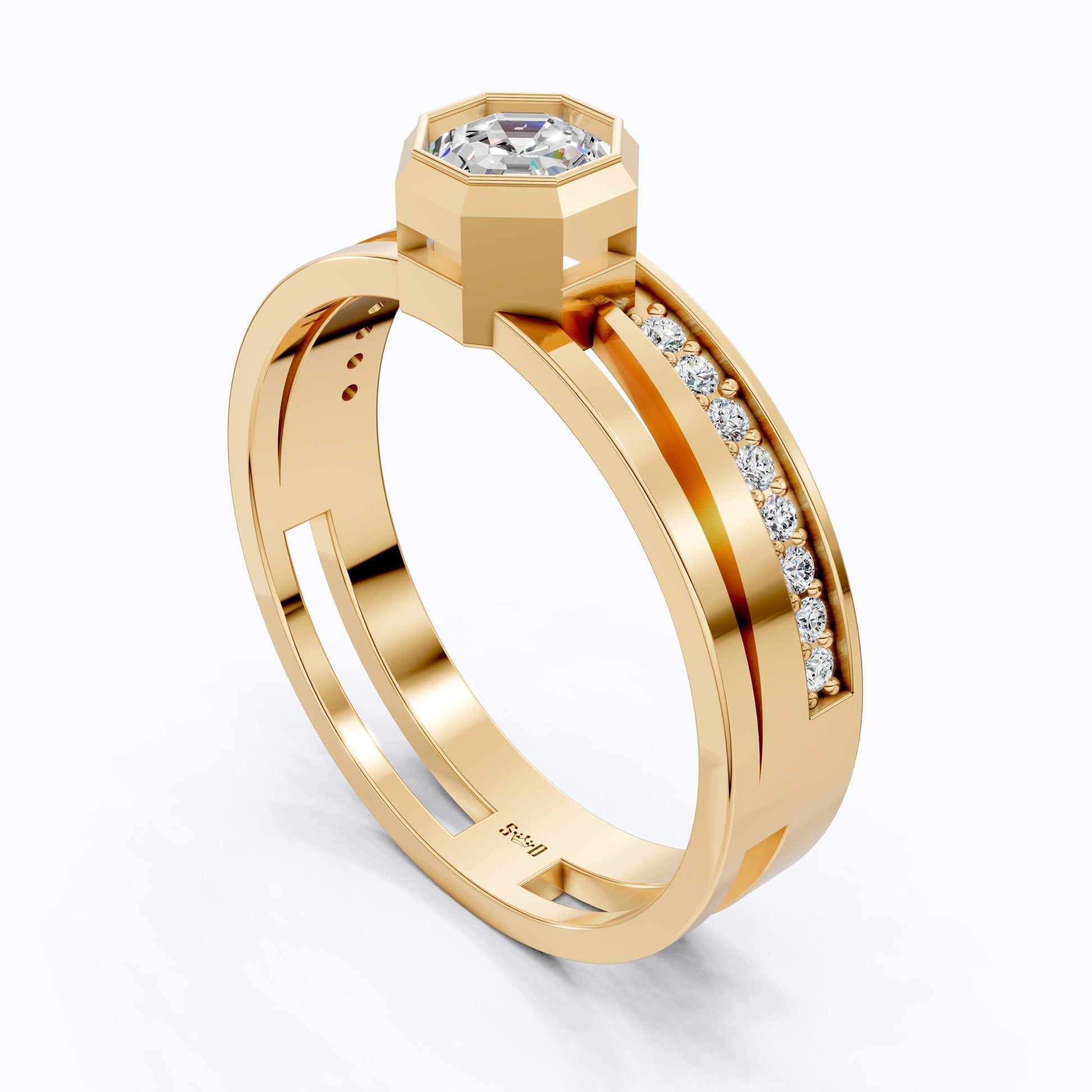 Octagon Bezel Style Split Shank Pavé Men's Engagement Ring in 14k Solid Gold, 0.50 CT Octagon Cut Lab Grown Diamond, Everyday Wedding Gift For Him - Shoora Designs