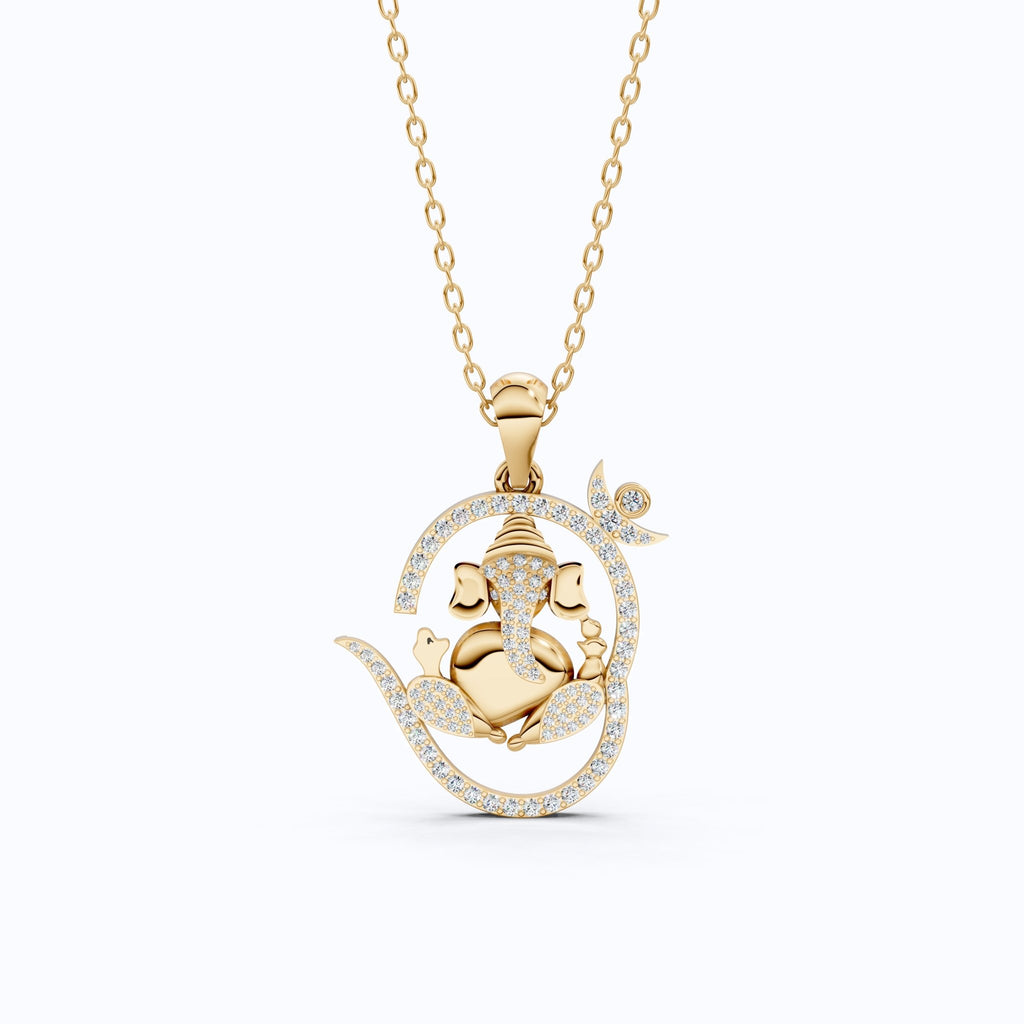 Om Ganesh Pavé Swirl Outline Everyday Religious Pendant in Lab Diamond – 14k Solid Gold, Birthday Gift for Him - Shoora Designs